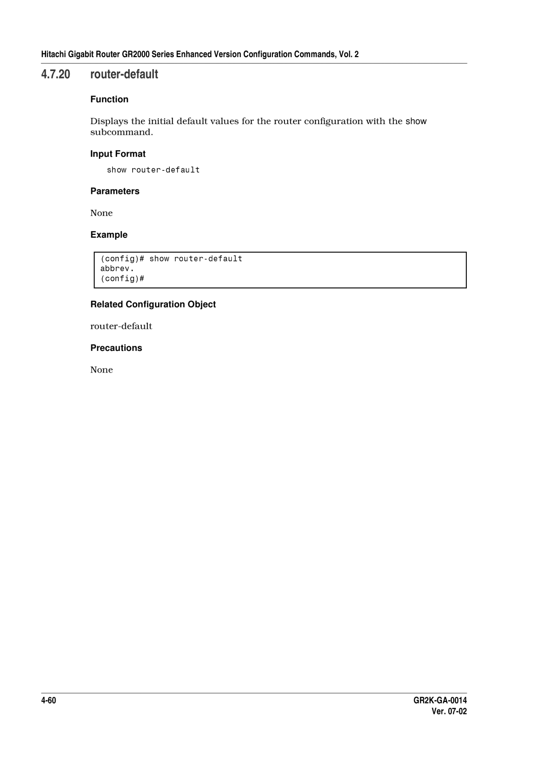 Hitachi GR2000 Series manual Router-default, Example Related Configuration Object 