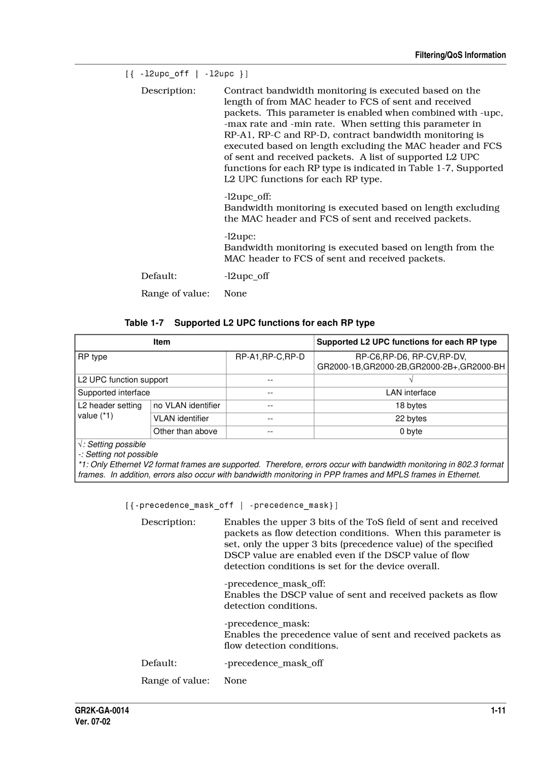 Hitachi GR2000 Series manual Supported L2 UPC functions for each RP type, √ Setting possible Setting not possible 