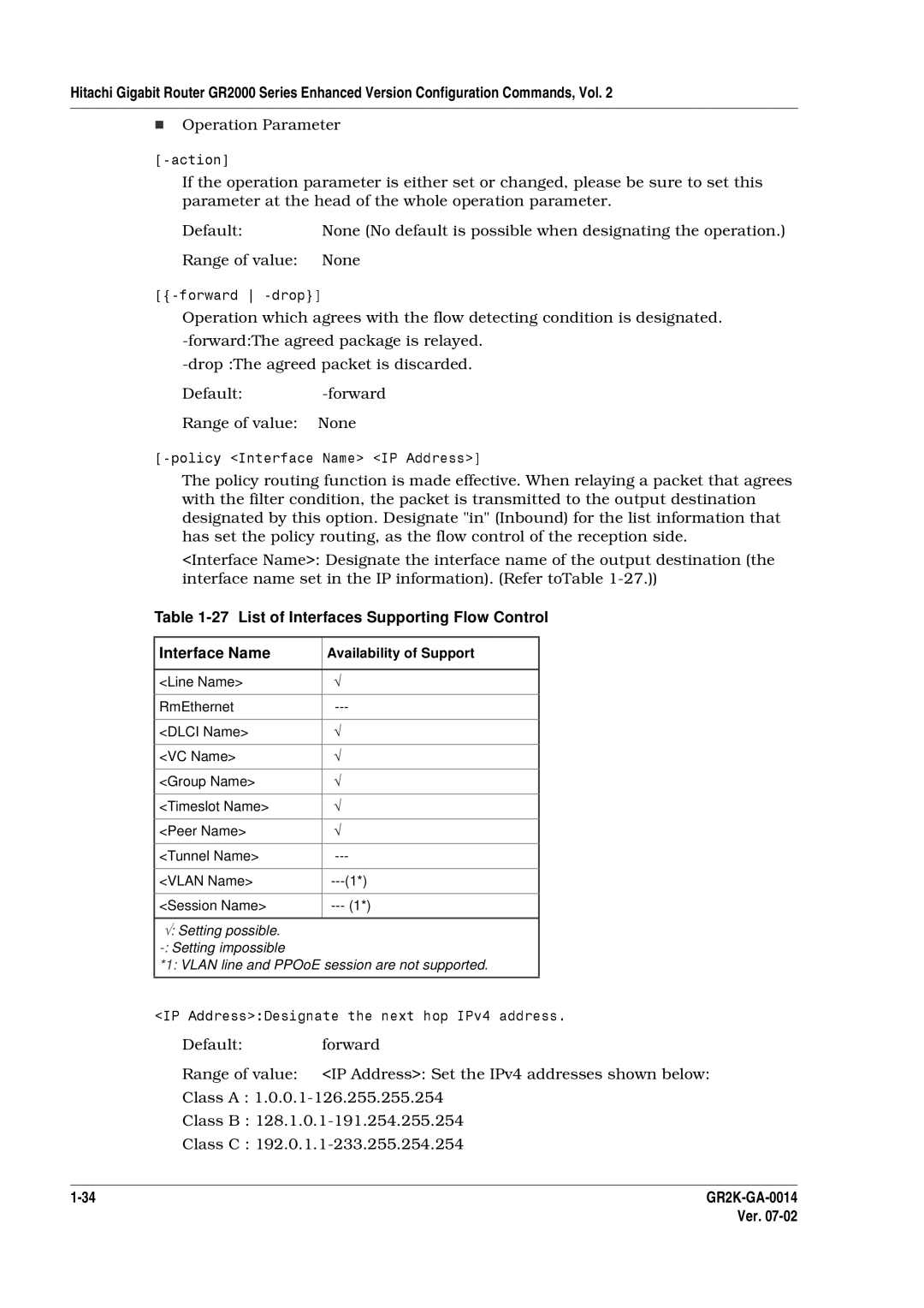 Hitachi GR2000 Series Operation Parameter, Default -forward None, Interface name set in the information. Refer toTable 