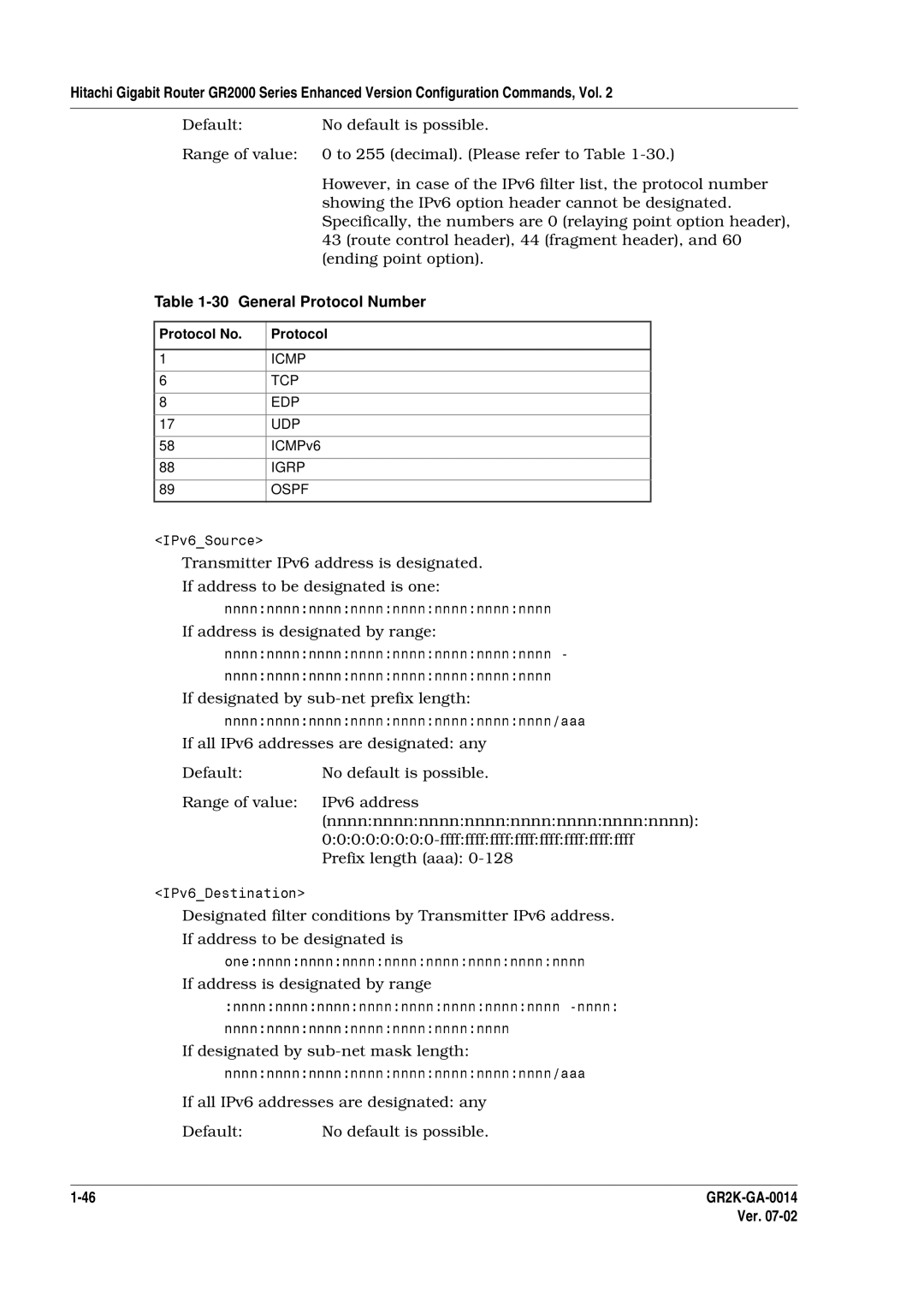 Hitachi GR2000 Series manual General Protocol Number, If all IPv6 addresses are designated any 