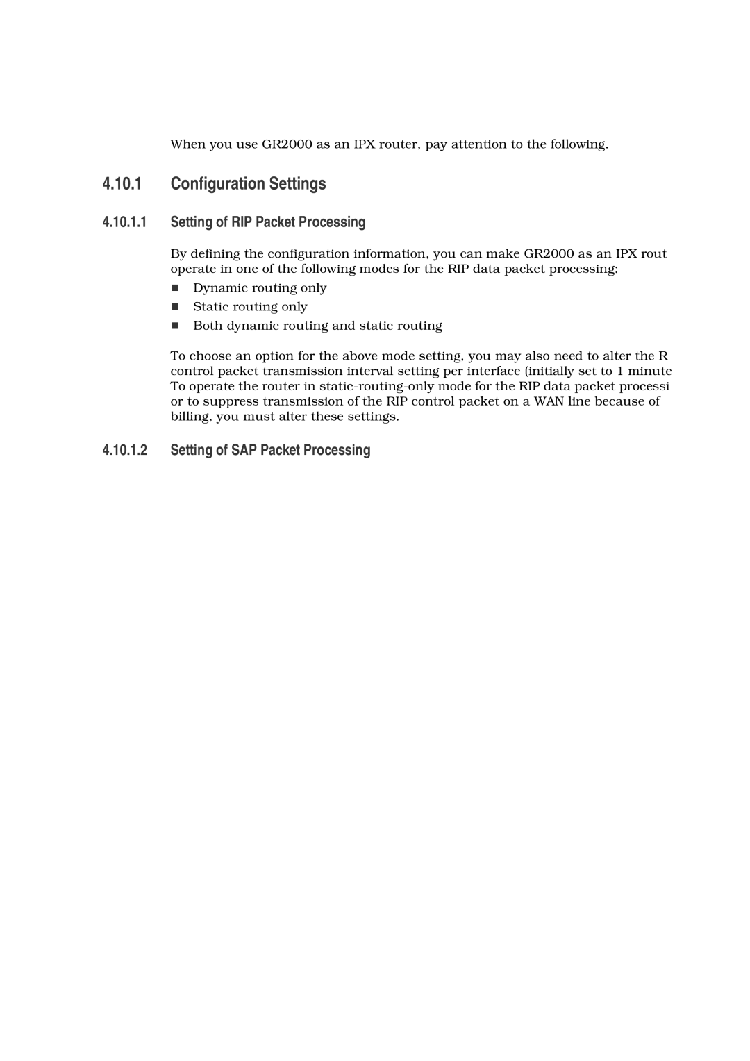 Hitachi GR2000 manual Configuration Settings, Setting of RIP Packet Processing, Setting of SAP Packet Processing 