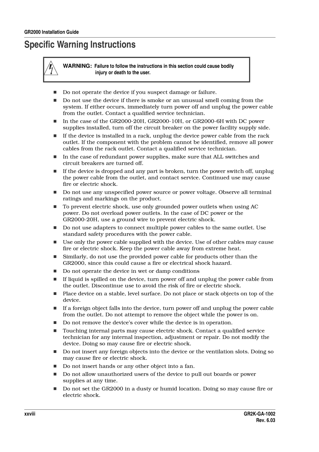 Hitachi GR2000 manual Specific Warning Instructions, Xxviii 