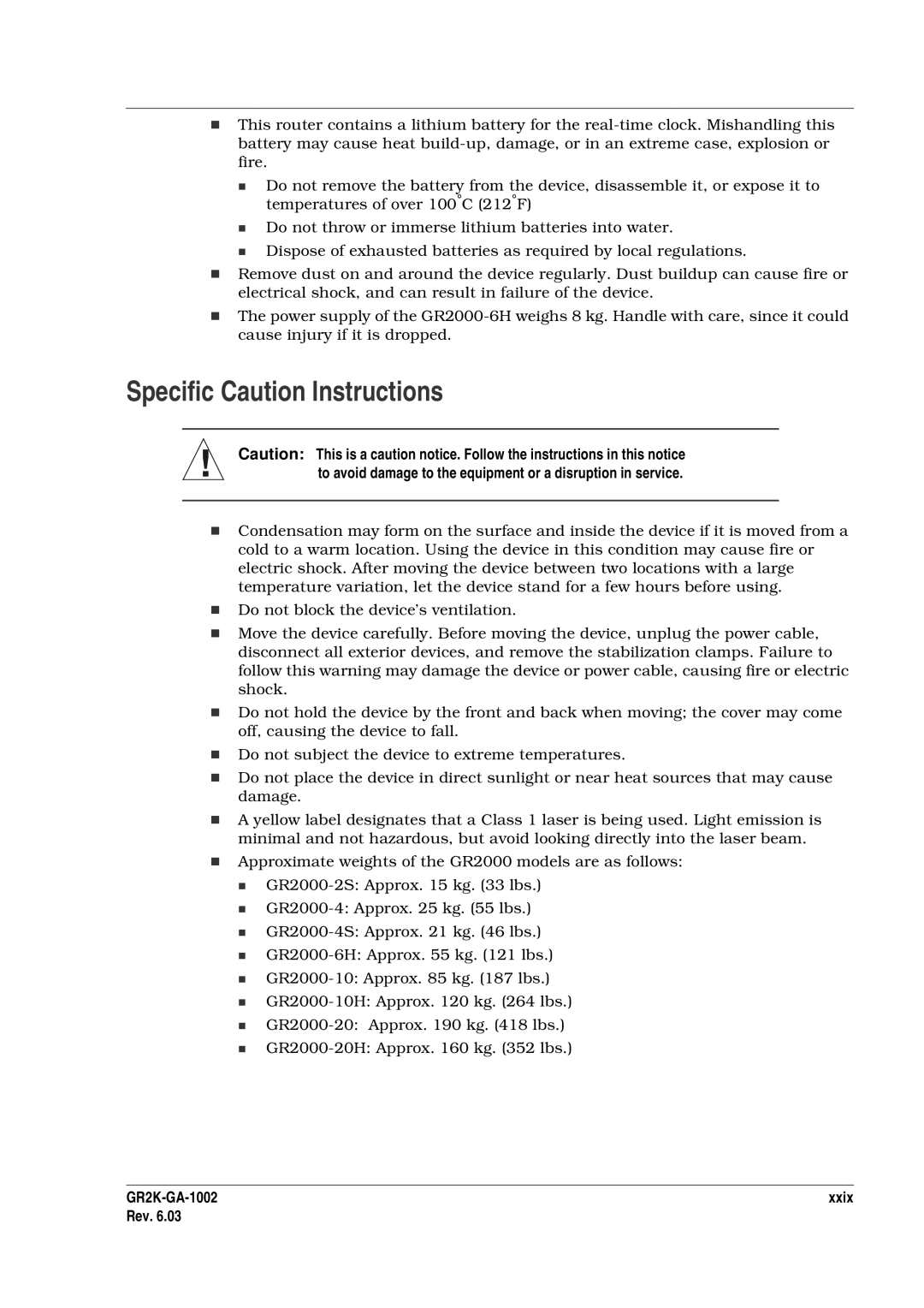 Hitachi GR2000 manual Specific Caution Instructions, To avoid damage to the equipment or a disruption in service 