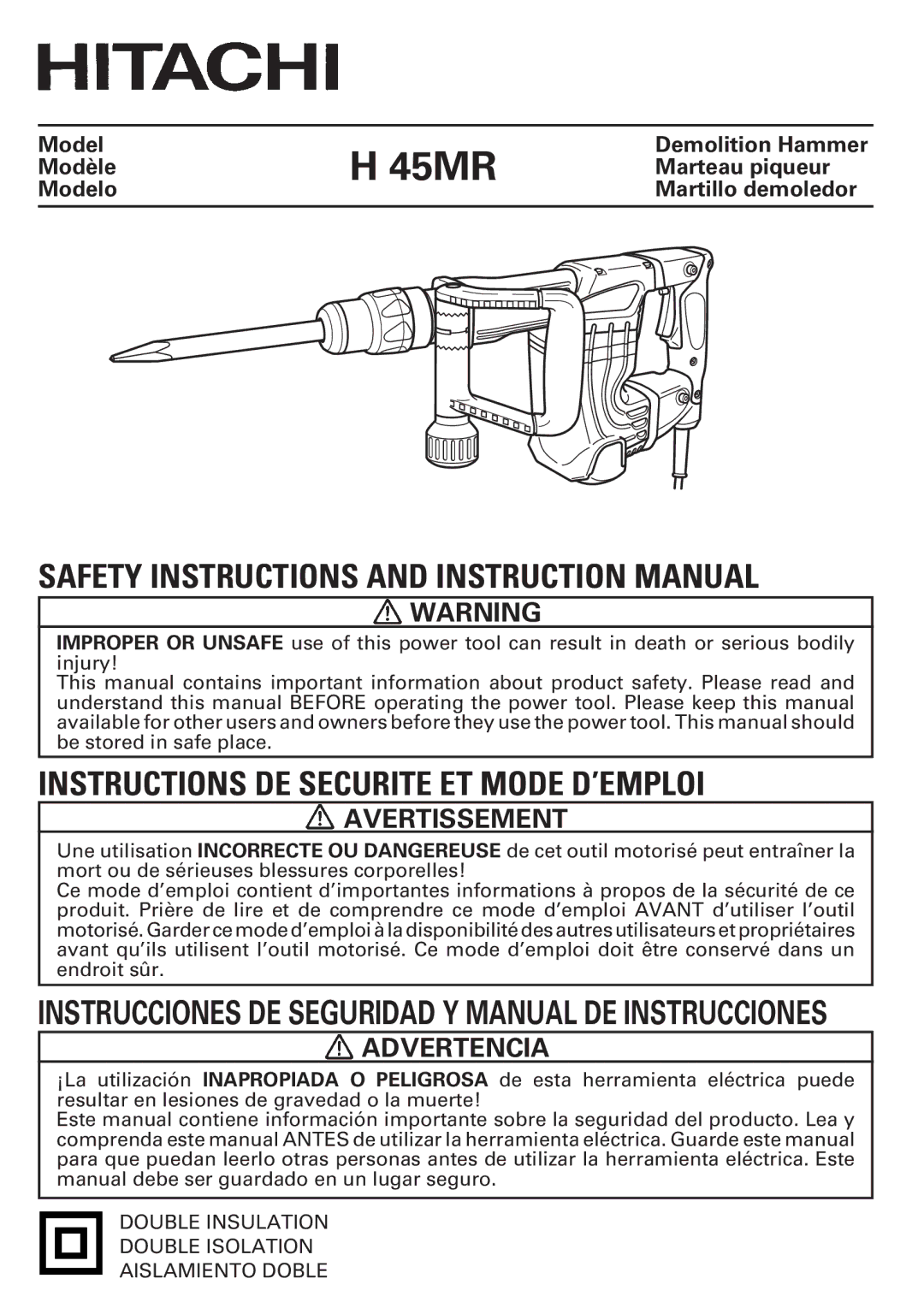 Hitachi H 45MR instruction manual Avertissement, Advertencia 