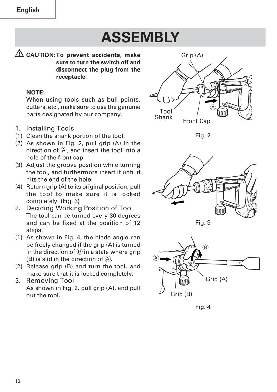 Hitachi H 45MR instruction manual Assembly, Installing Tools, Deciding Working Position of Tool, Removing Tool 