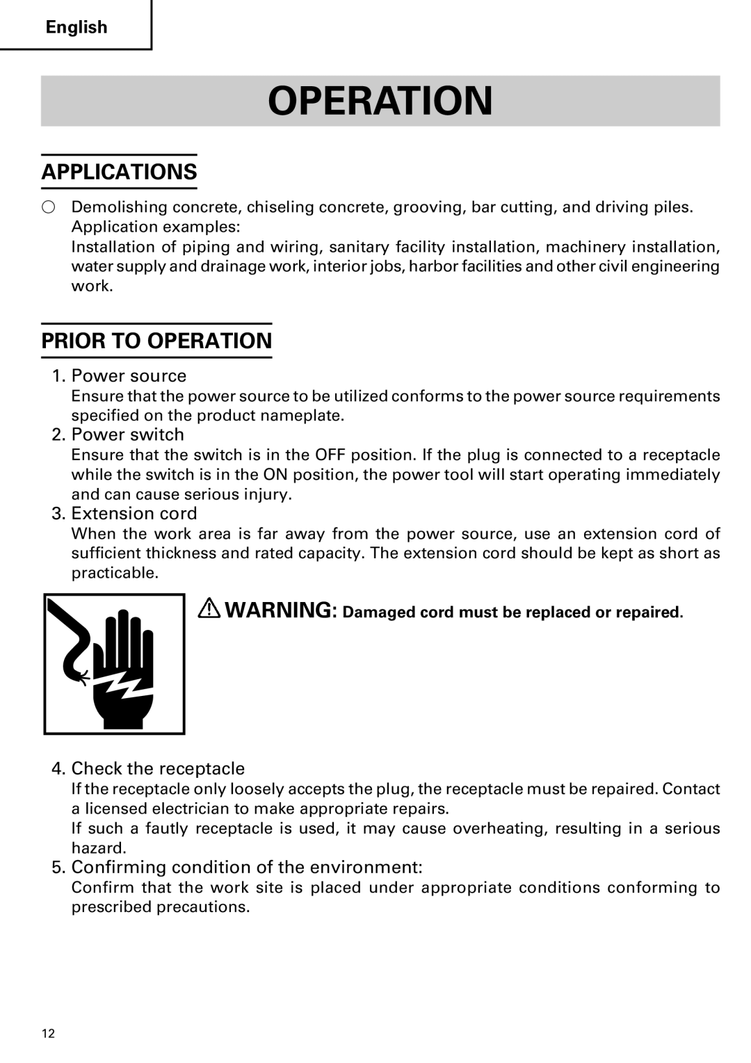 Hitachi H 45MR instruction manual Applications, Prior to Operation 