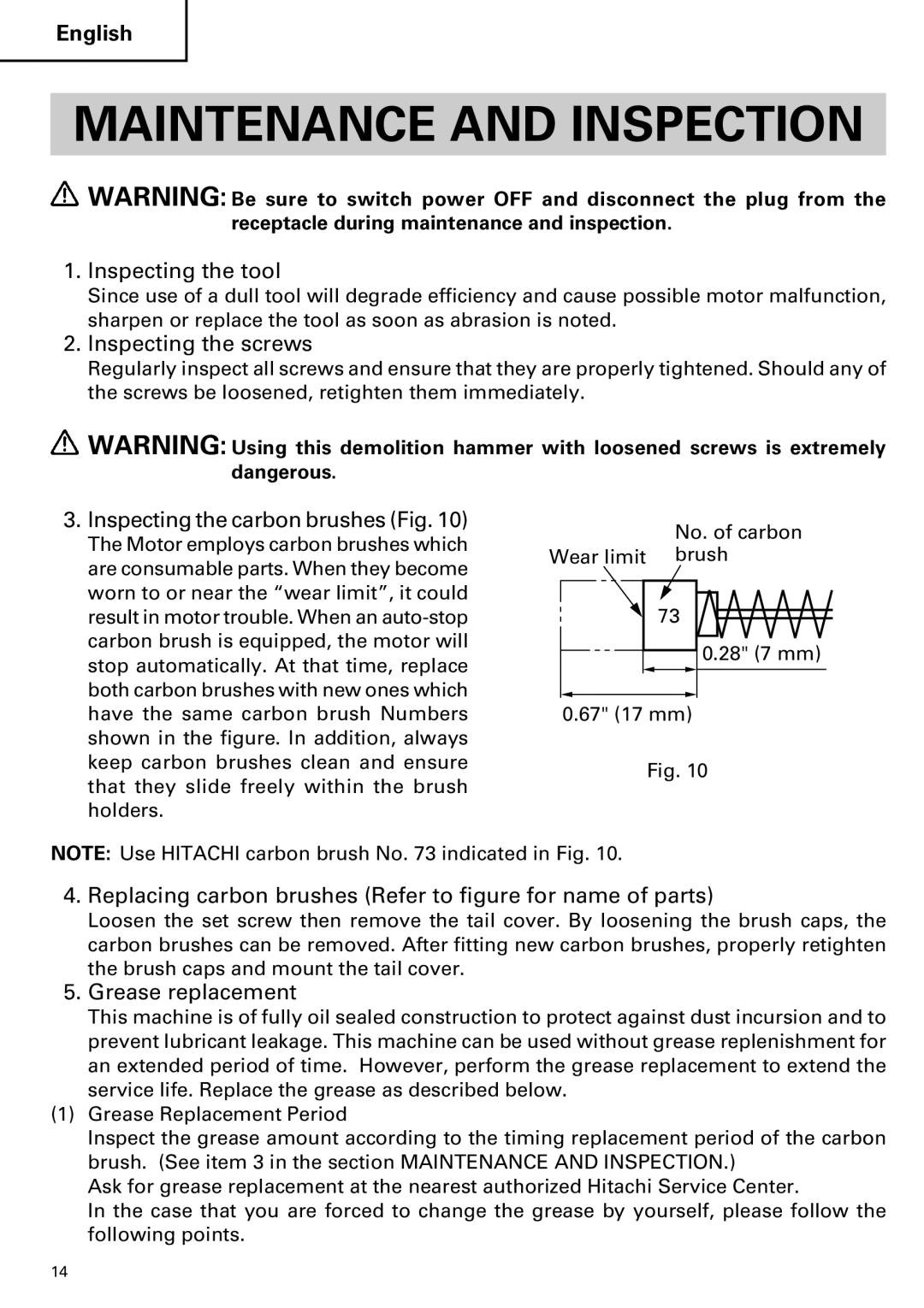 Hitachi H 45MR instruction manual Maintenance and Inspection 