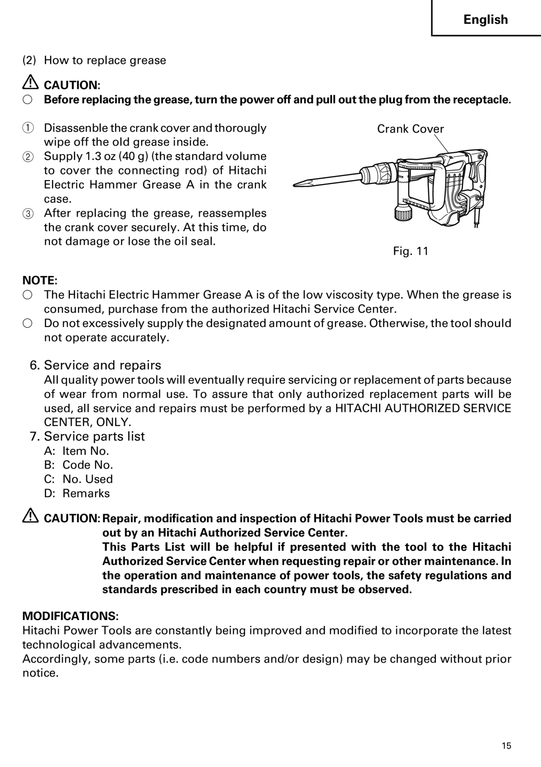 Hitachi H 45MR instruction manual Service and repairs, Service parts list 