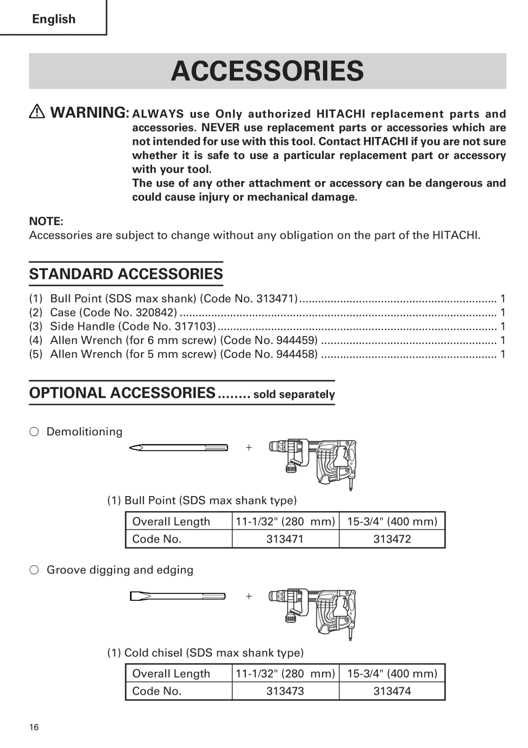 Hitachi H 45MR instruction manual Standard Accessories, Sold separately 