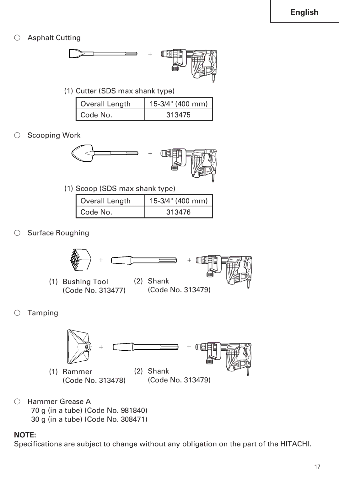 Hitachi H 45MR instruction manual Tamping Rammer Shank Code No 