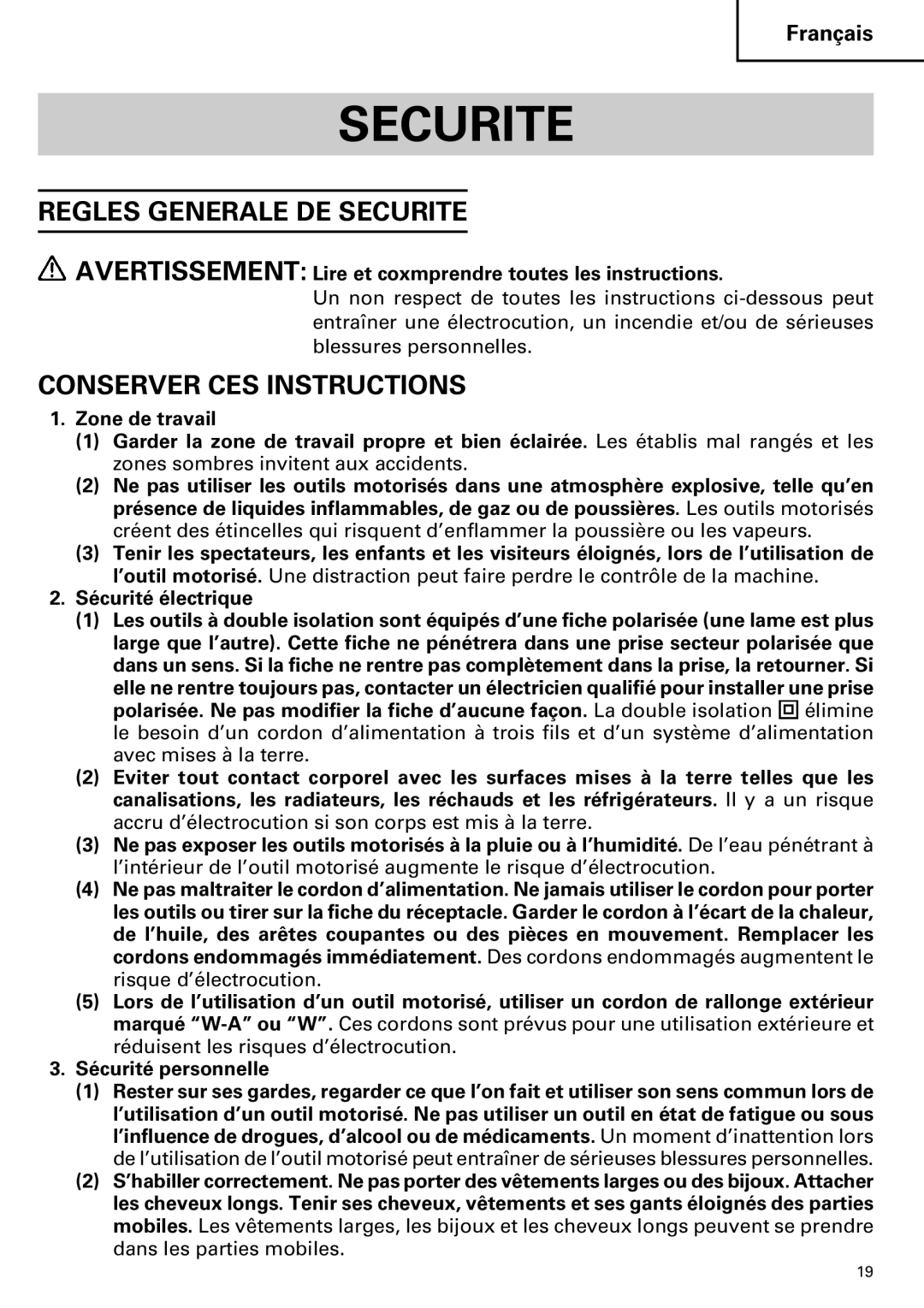 Hitachi H 45MR instruction manual Regles Generale DE Securite, Conserver CES Instructions 