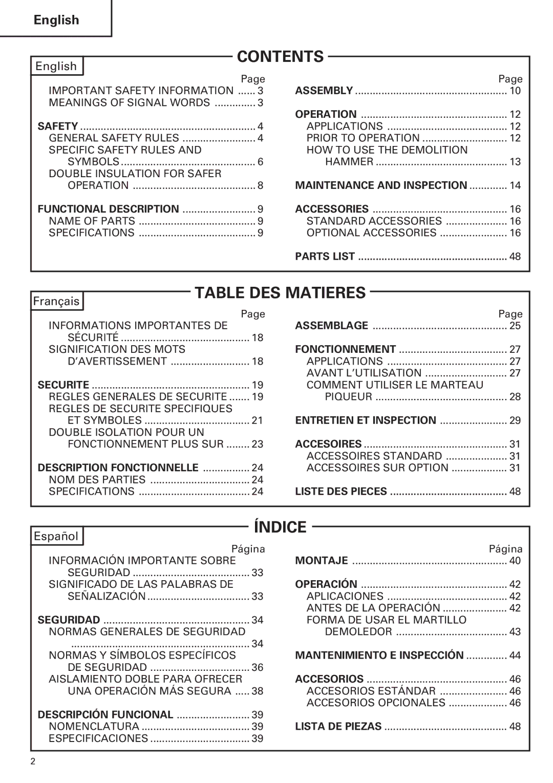 Hitachi H 45MR instruction manual Contents 