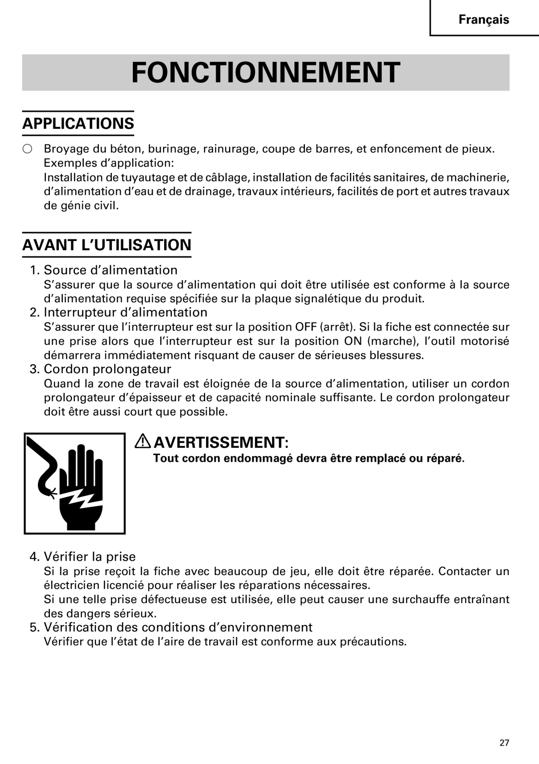 Hitachi H 45MR instruction manual Fonctionnement, Avant L’UTILISATION 