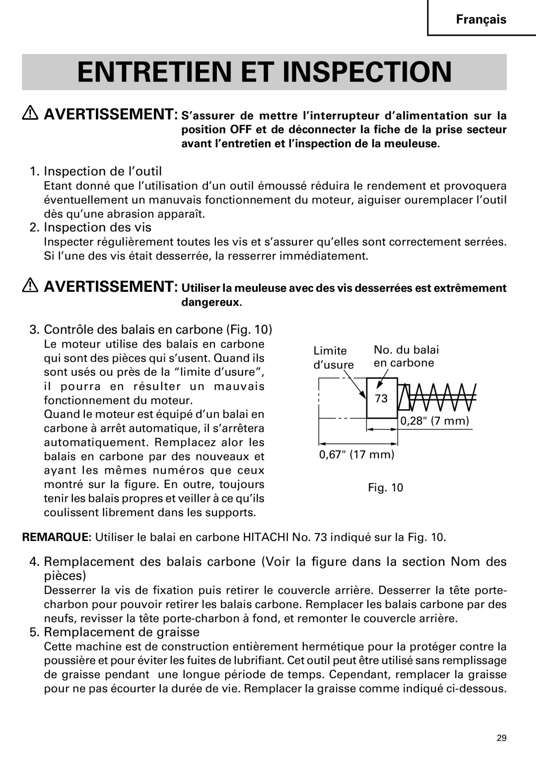 Hitachi H 45MR Entretien ET Inspection, Inspection de l’outil, Inspection des vis, Contrôle des balais en carbone Fig 