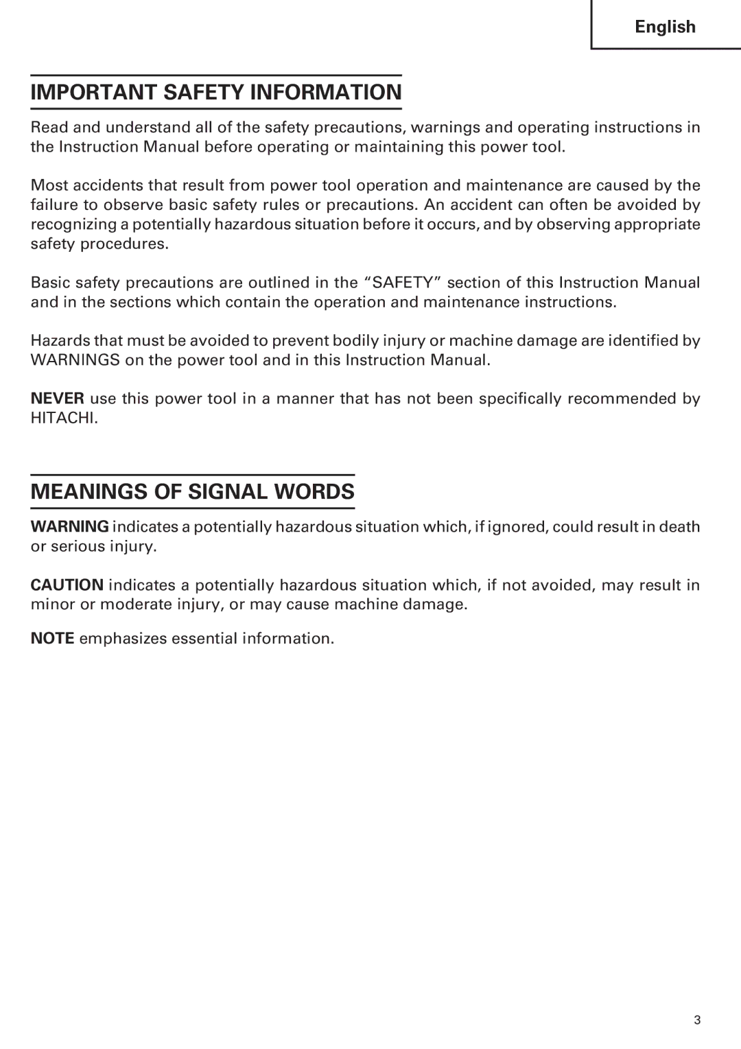 Hitachi H 45MR instruction manual Important Safety Information, Meanings of Signal Words 