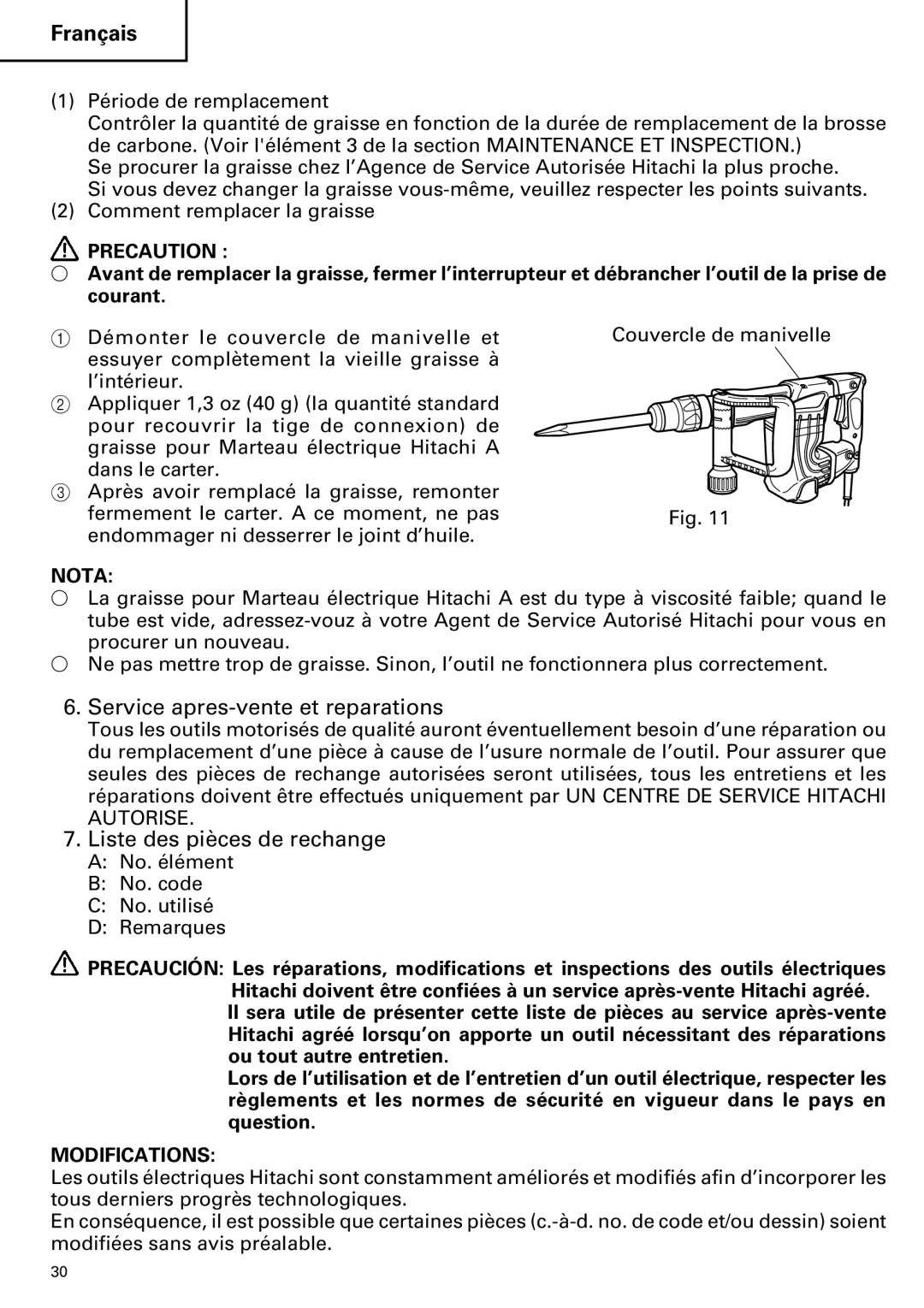 Hitachi H 45MR instruction manual Service apres-vente et reparations, Liste des pièces de rechange 