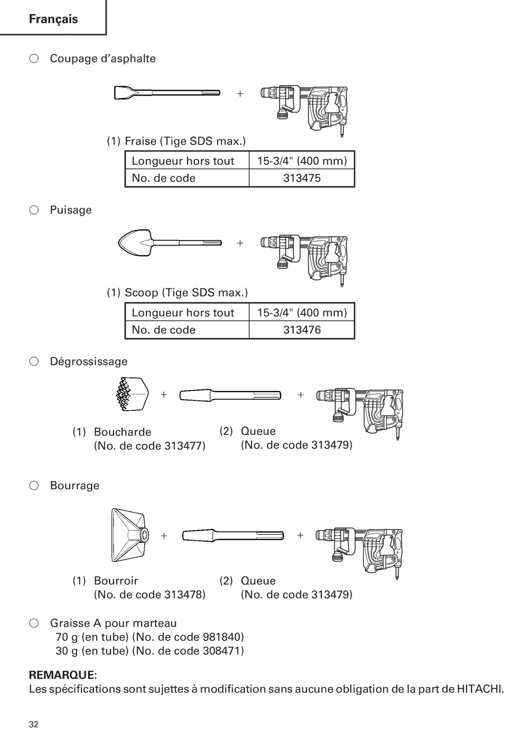 Hitachi H 45MR instruction manual Français 