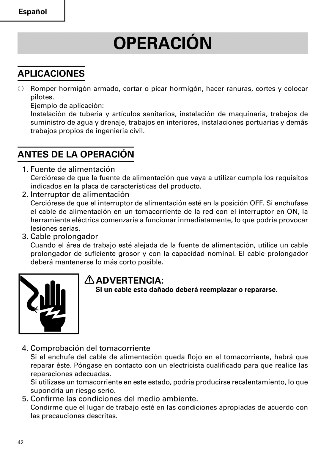 Hitachi H 45MR instruction manual Aplicaciones, Antes DE LA Operación 