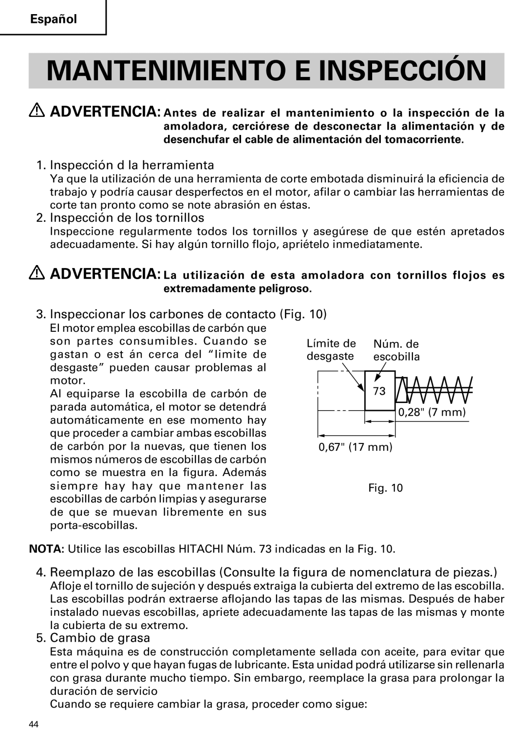 Hitachi H 45MR Mantenimiento E Inspección, Inspección d la herramienta, Inspección de los tornillos, Cambio de grasa 