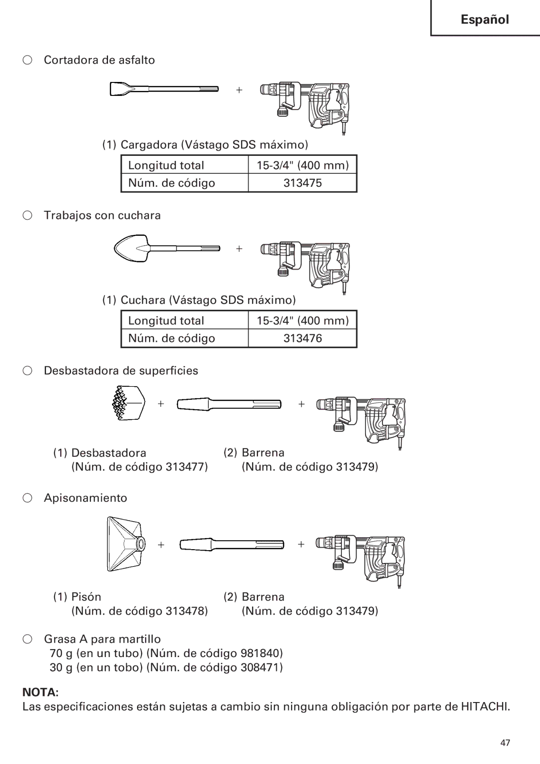 Hitachi H 45MR instruction manual Español 