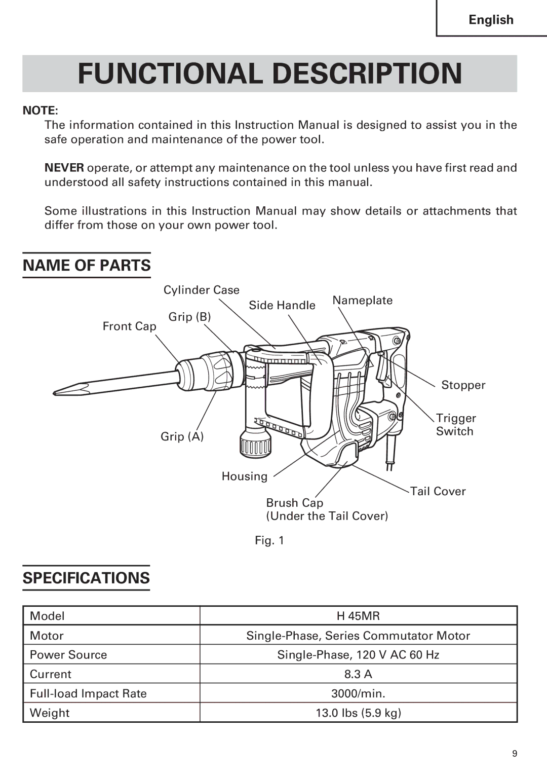 Hitachi H 45MR instruction manual Functional Description, Name of Parts, Specifications 