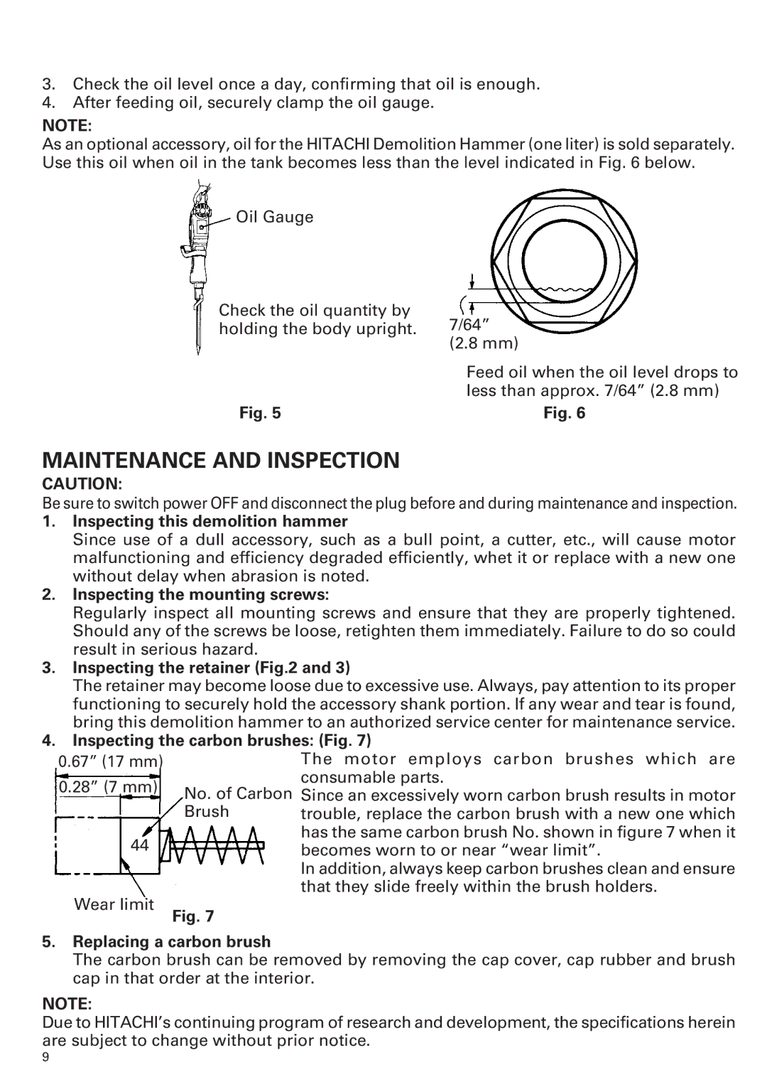 Hitachi H 65 instruction manual Maintenance and Inspection, Inspecting this demolition hammer 