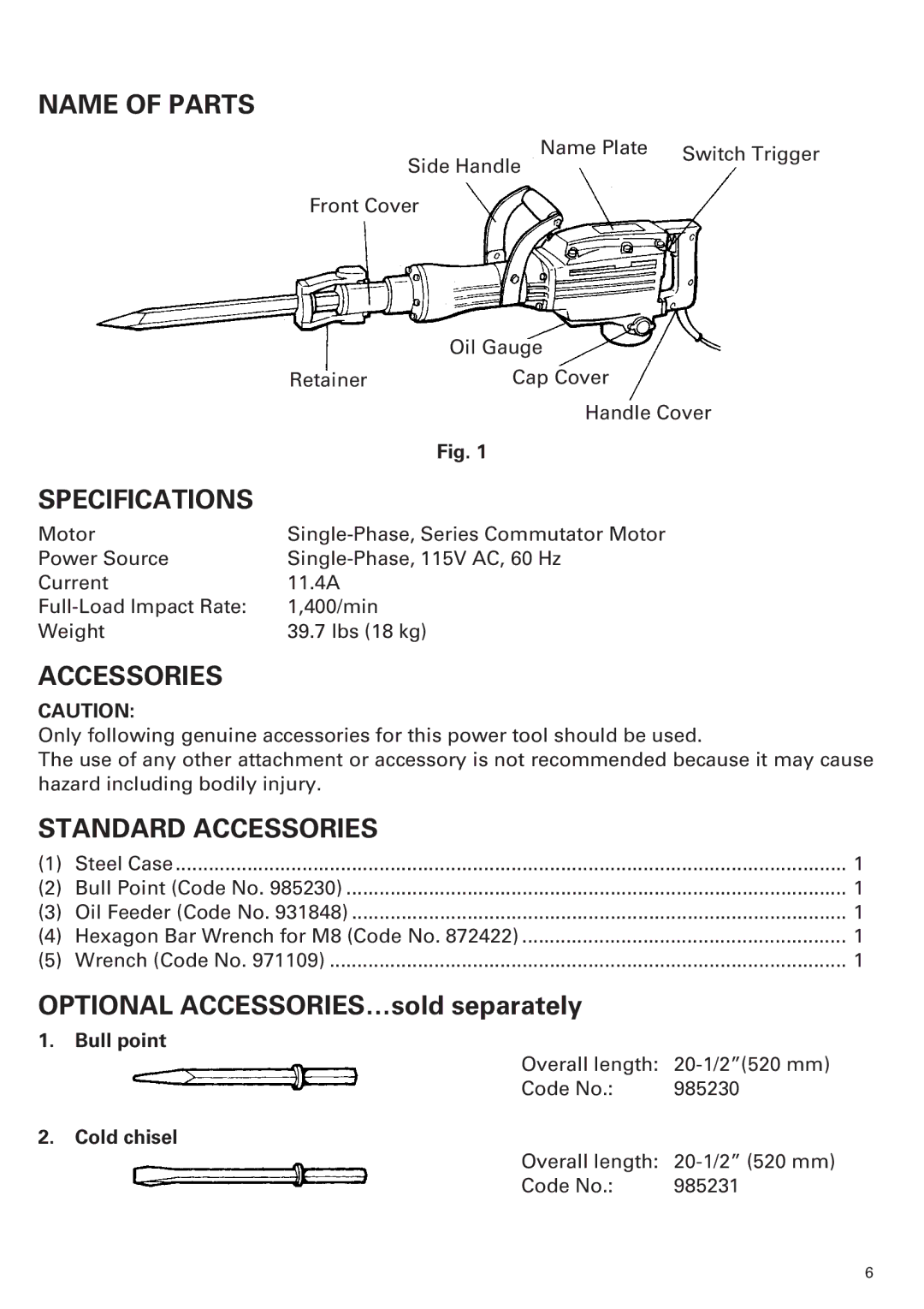 Hitachi H 65 instruction manual Name of Parts, Specifications, Standard Accessories 