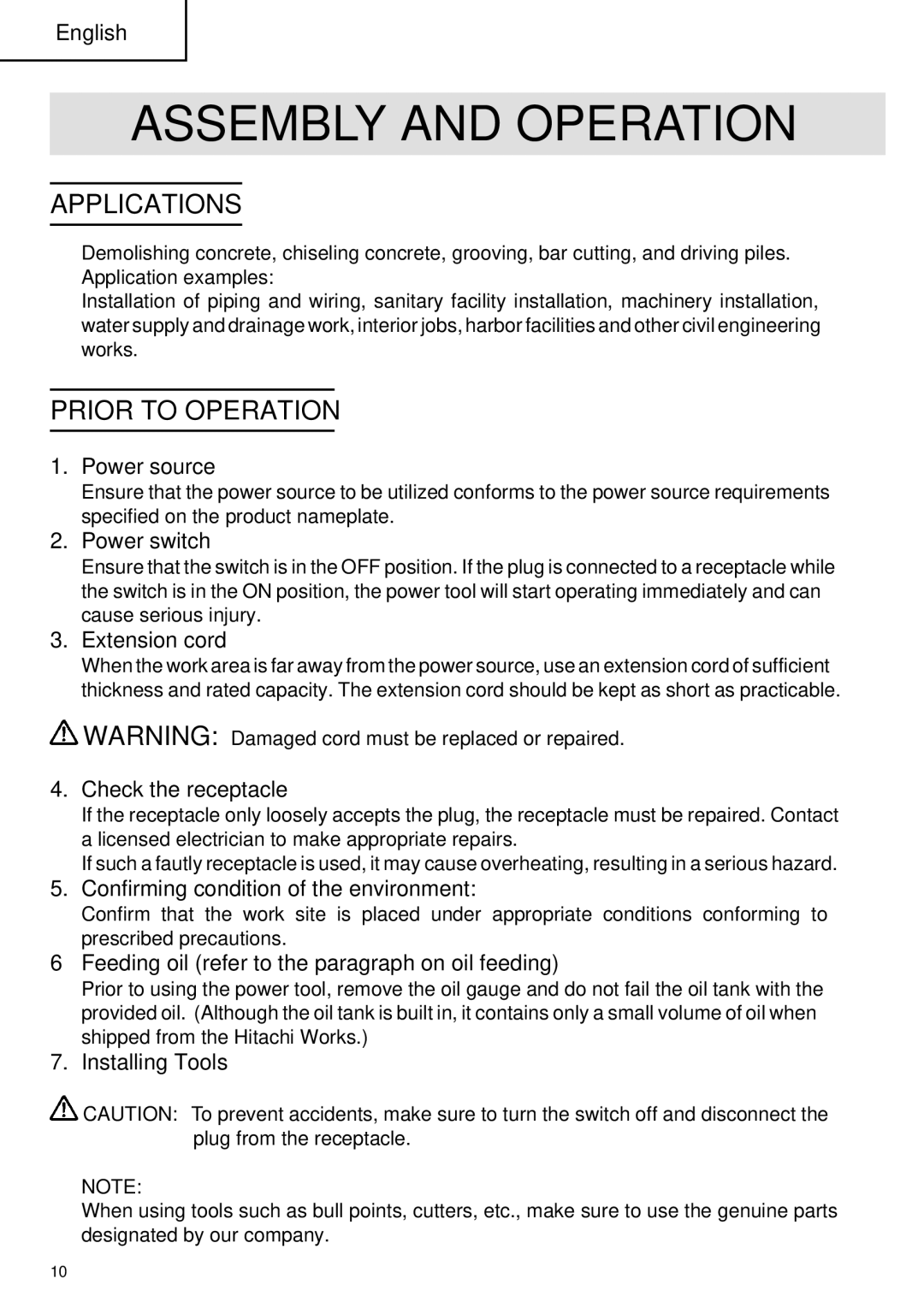 Hitachi H 65SC instruction manual Assembly and Operation, Applications, Prior to Operation 