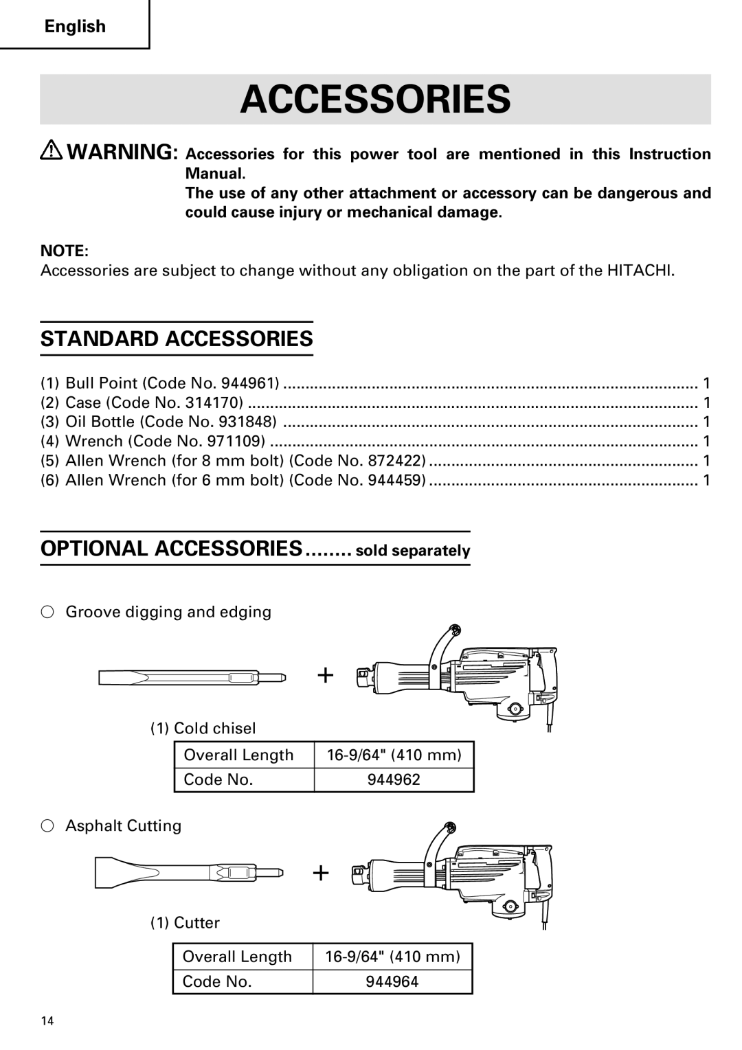 Hitachi H 65SC instruction manual Standard Accessories, Sold separately 