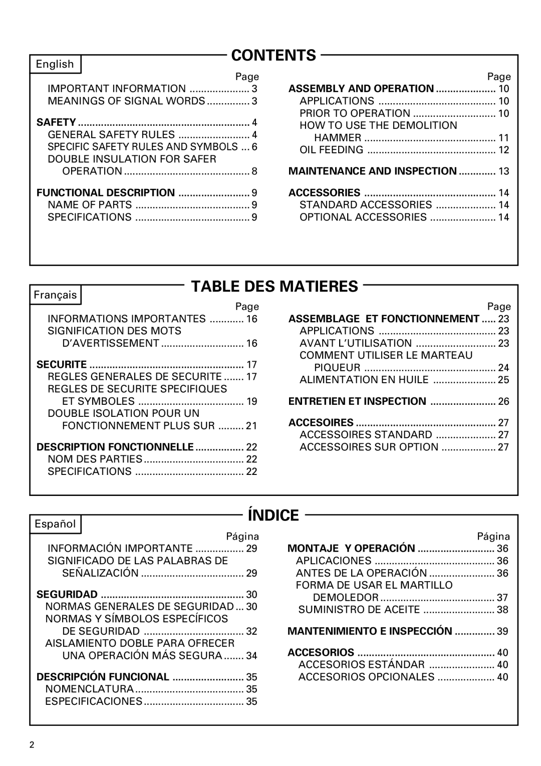 Hitachi H 65SC instruction manual Contents 