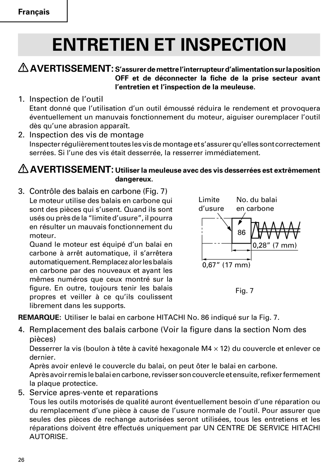 Hitachi H 65SC instruction manual Entretien ET Inspection, Inspection de l’outil, Inspection des vis de montage 