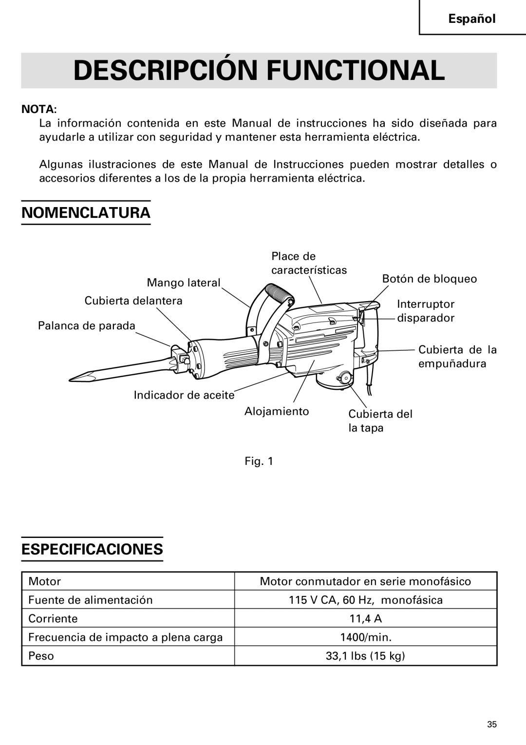 Hitachi H 65SC instruction manual Descripción Functional, Nomenclatura, Especificaciones 