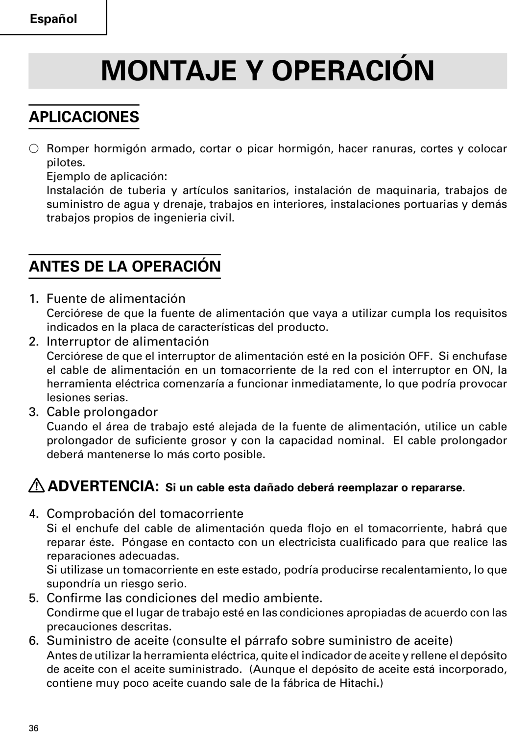 Hitachi H 65SC instruction manual Montaje Y Operación, Aplicaciones, Antes DE LA Operación 