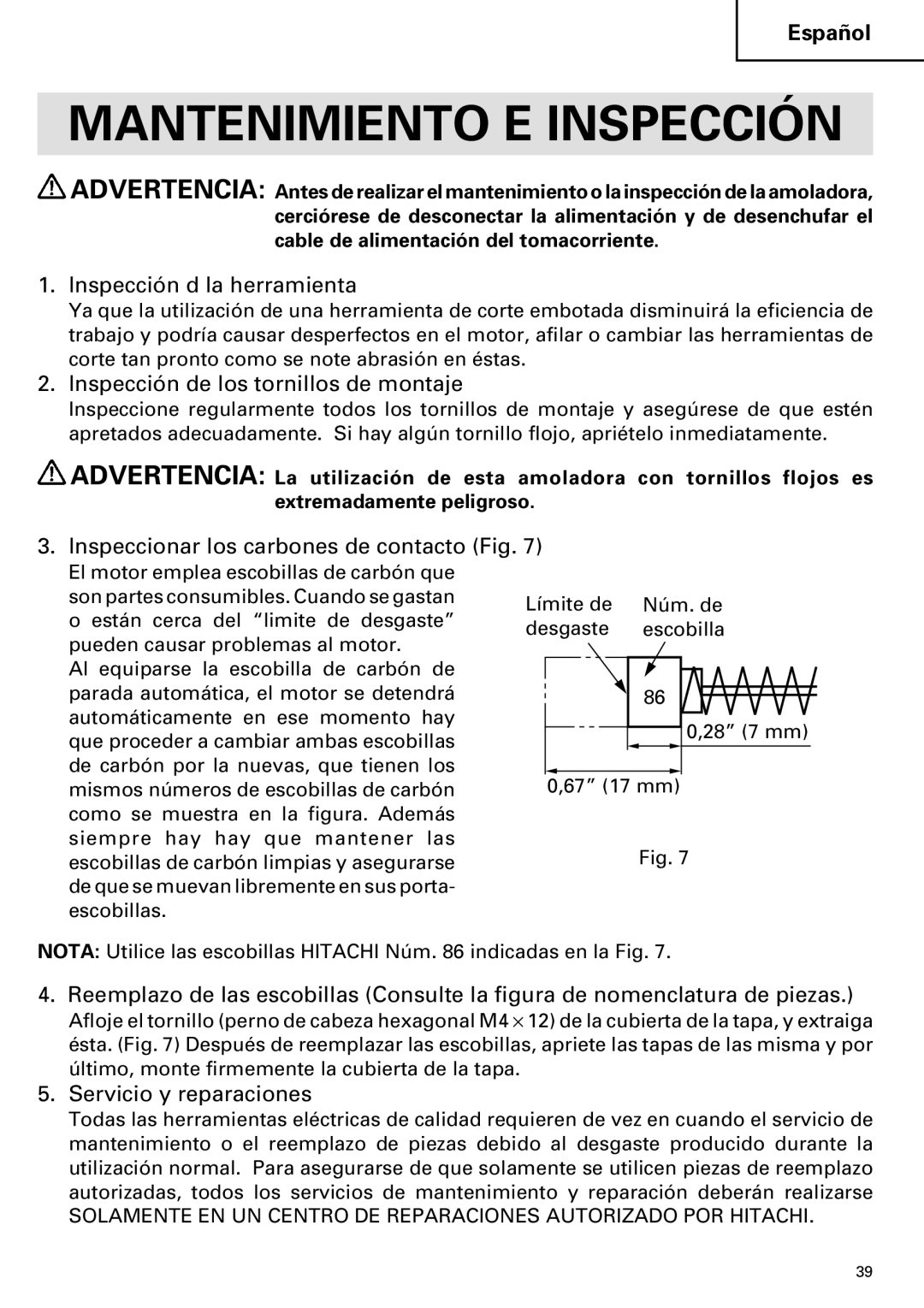 Hitachi H 65SC Mantenimiento E Inspección, Inspección d la herramienta, Inspección de los tornillos de montaje 