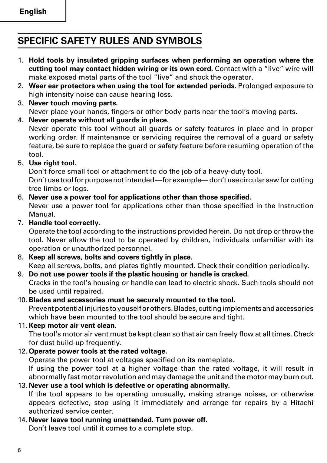 Hitachi H 65SC instruction manual Specific Safety Rules and Symbols 