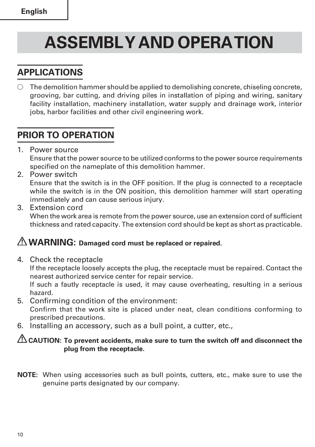 Hitachi H 90SE instruction manual Assembly and Operation, Applications, Prior to Operation 