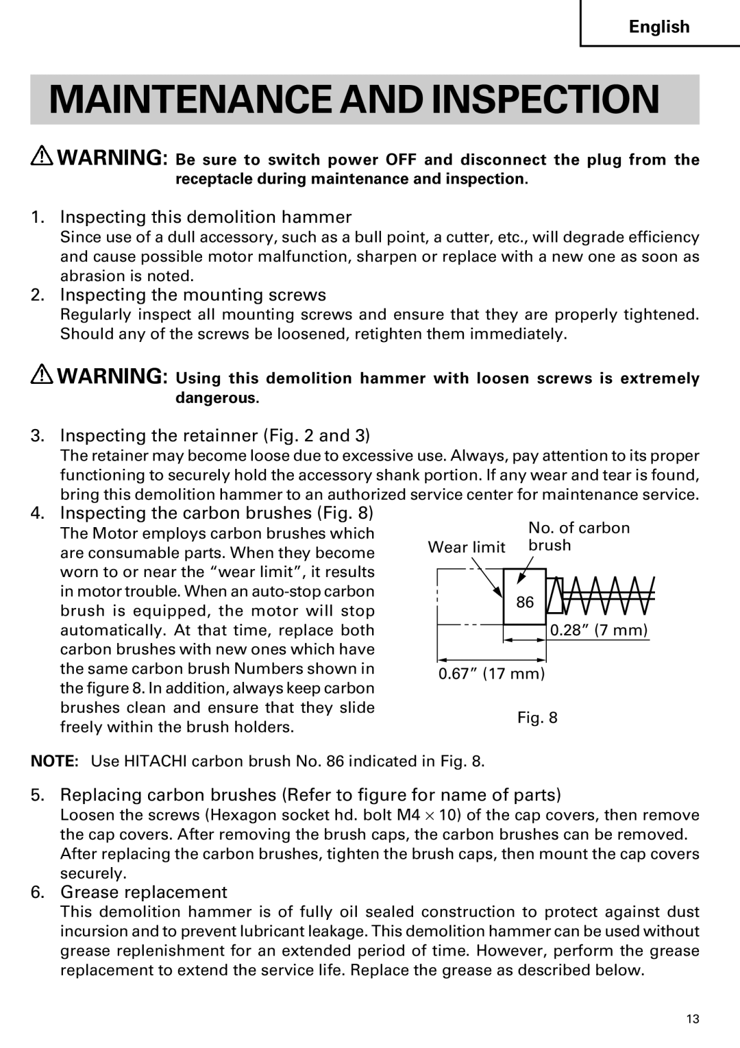 Hitachi H 90SE instruction manual Maintenance and Inspection 