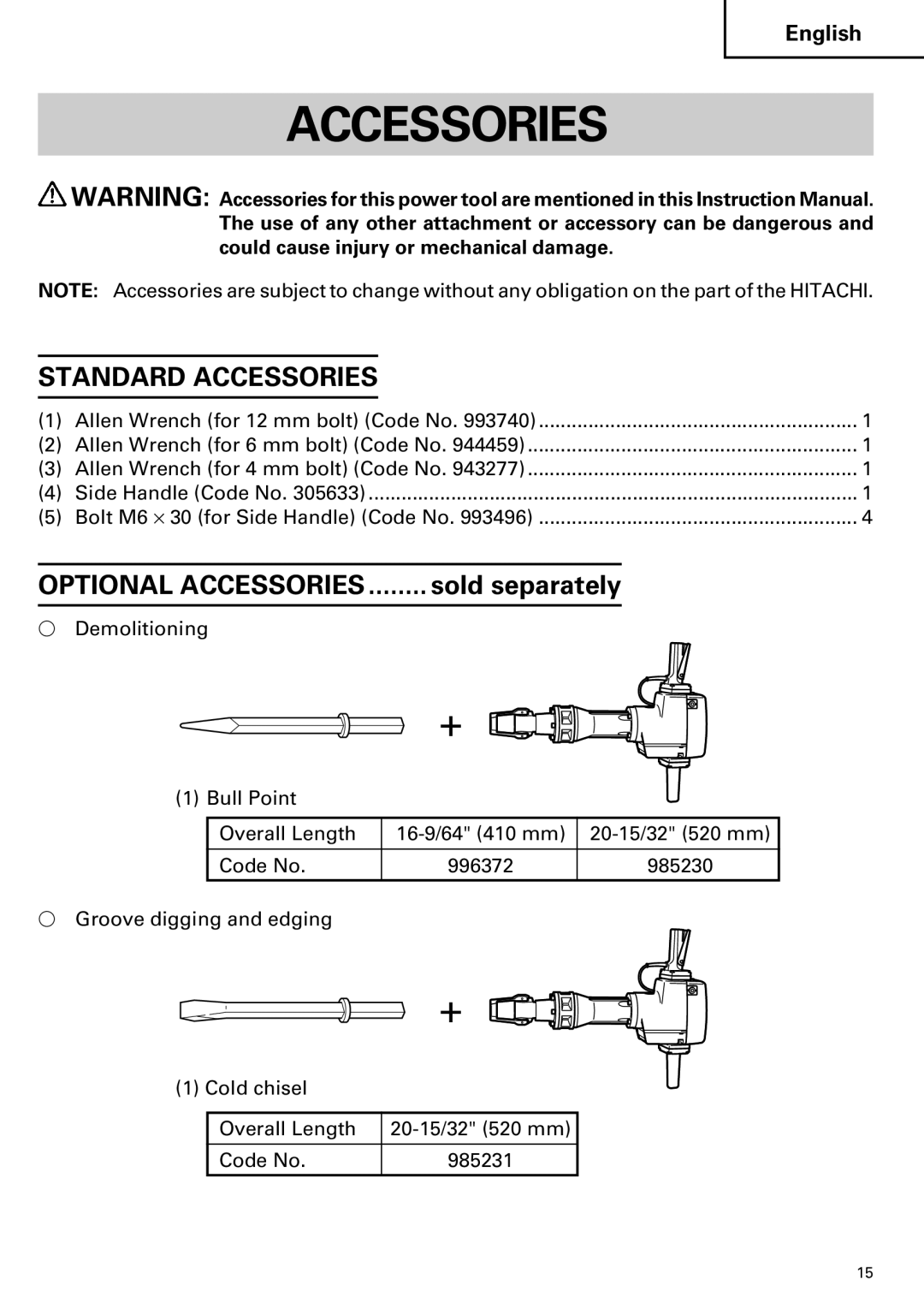 Hitachi H 90SE instruction manual Standard Accessories 