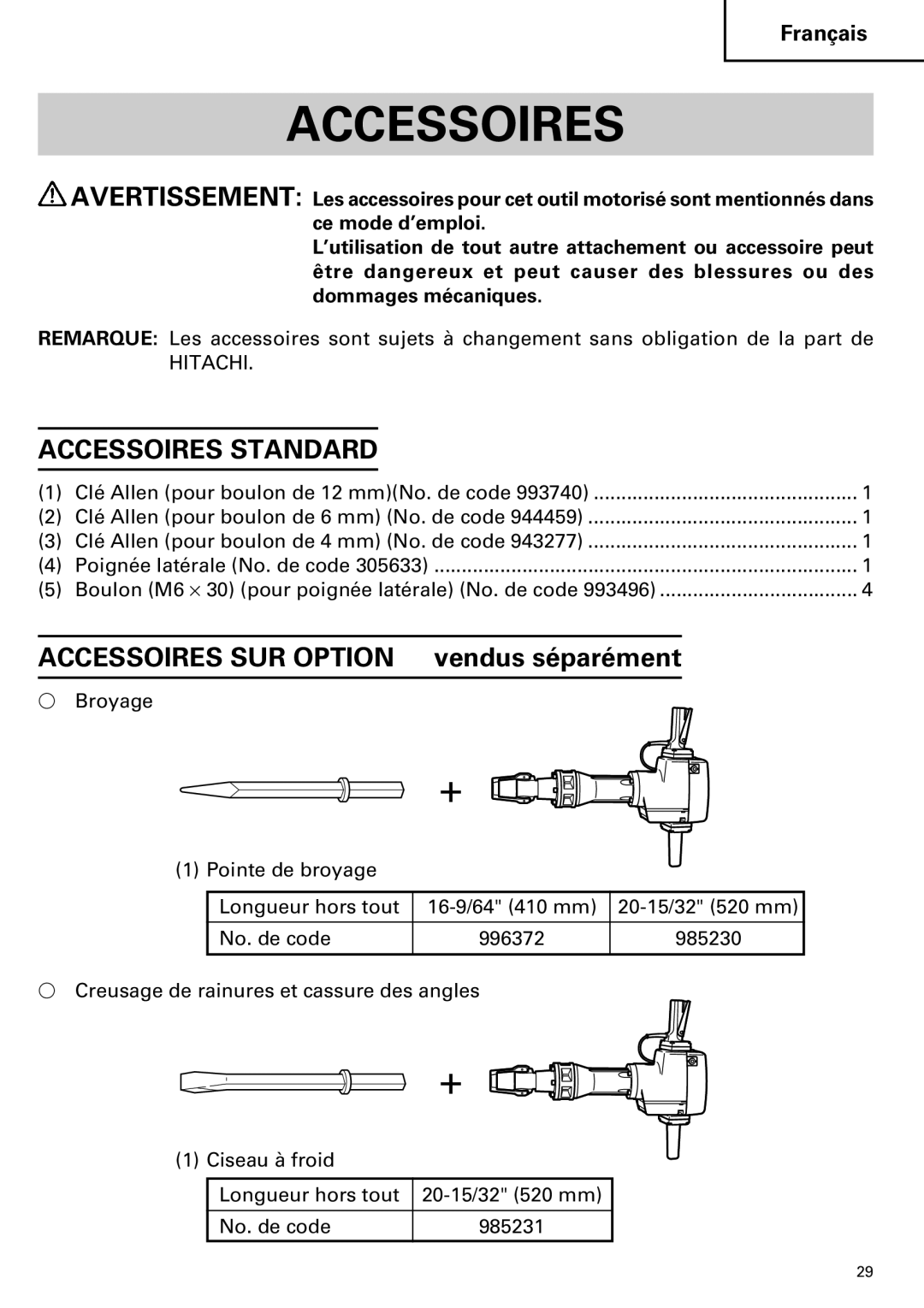 Hitachi H 90SE instruction manual Accessoires Standard 