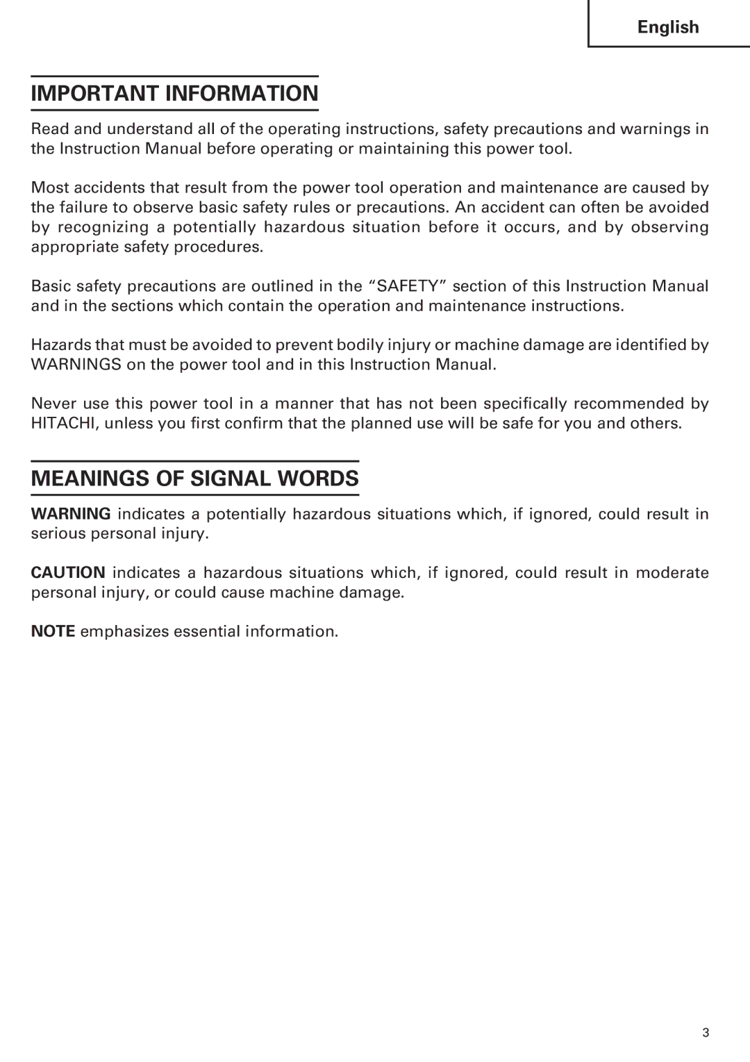 Hitachi H 90SE instruction manual Important Information, Meanings of Signal Words 