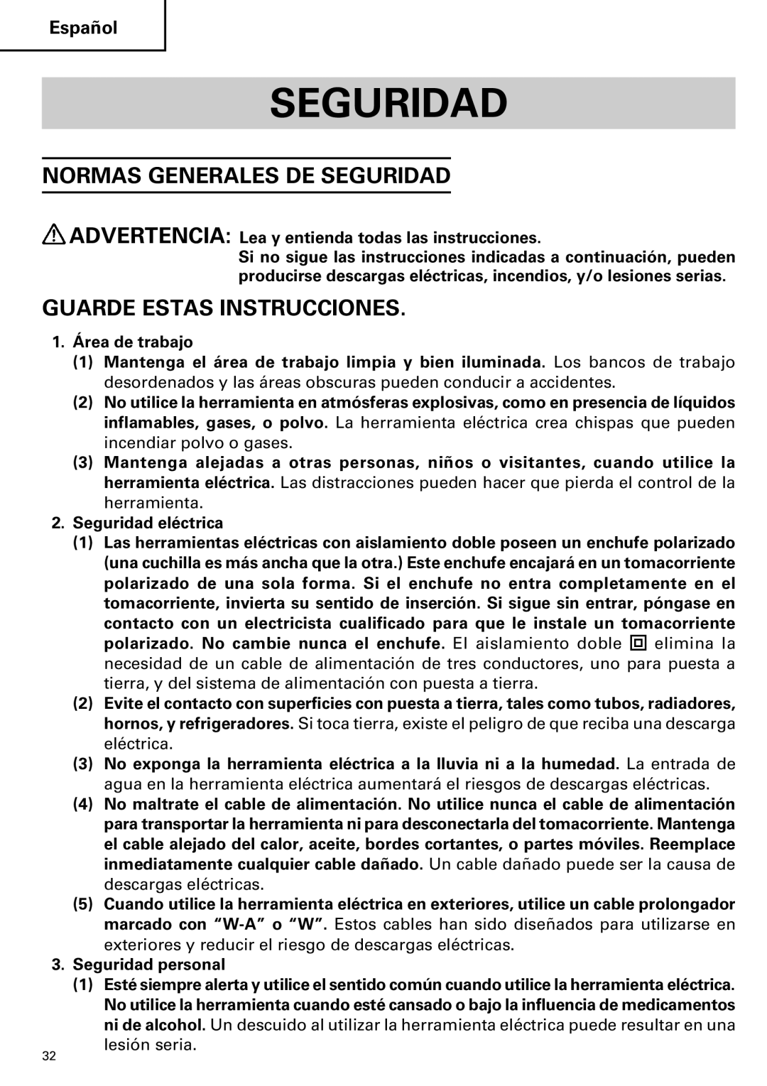 Hitachi H 90SE instruction manual Normas Generales DE Seguridad, Guarde Estas Instrucciones 