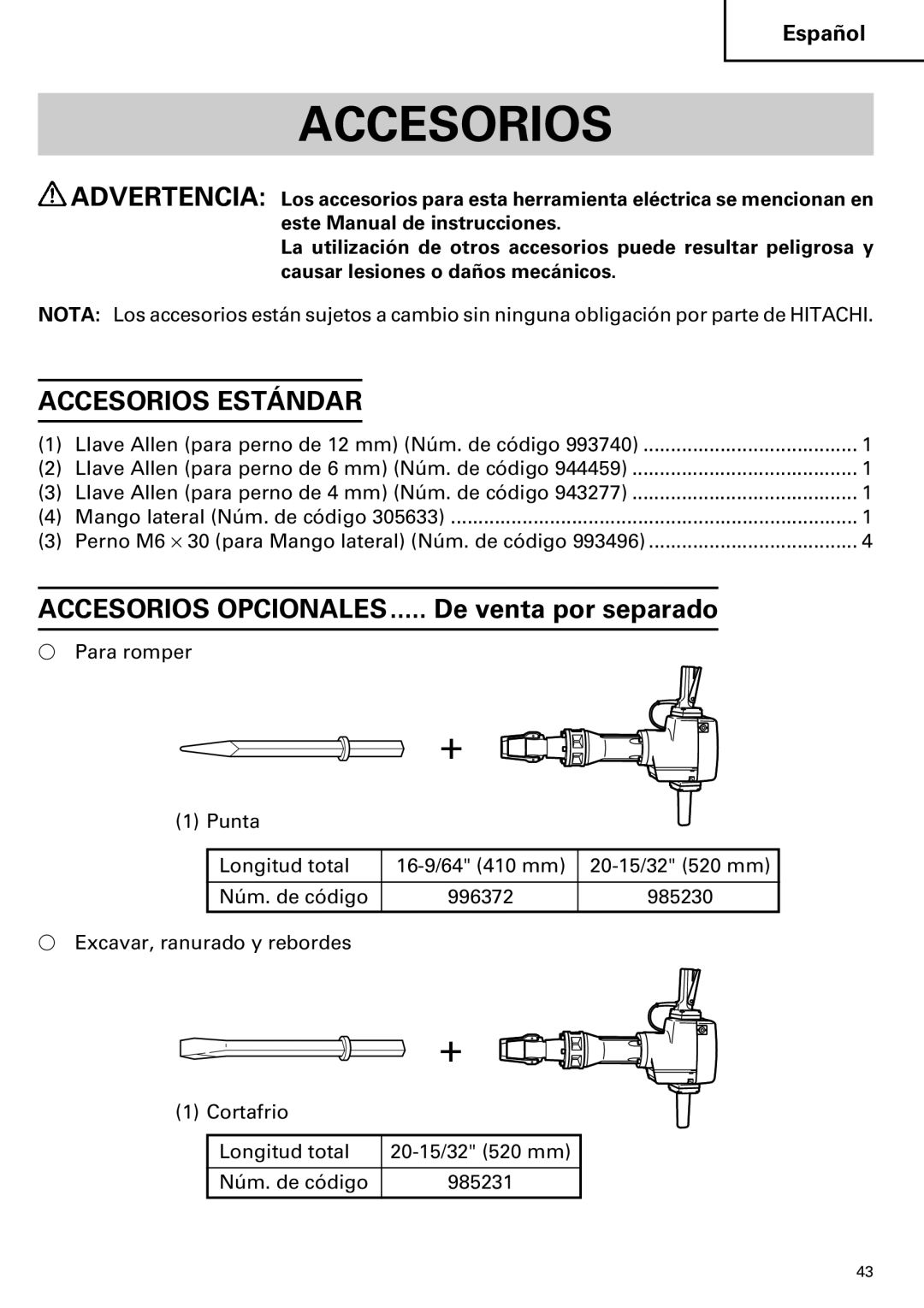 Hitachi H 90SE instruction manual Accesorios Estándar 