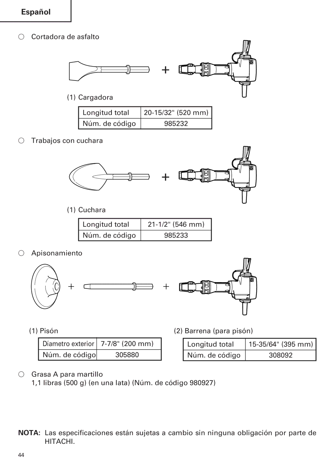 Hitachi H 90SE instruction manual Díametro exterior 