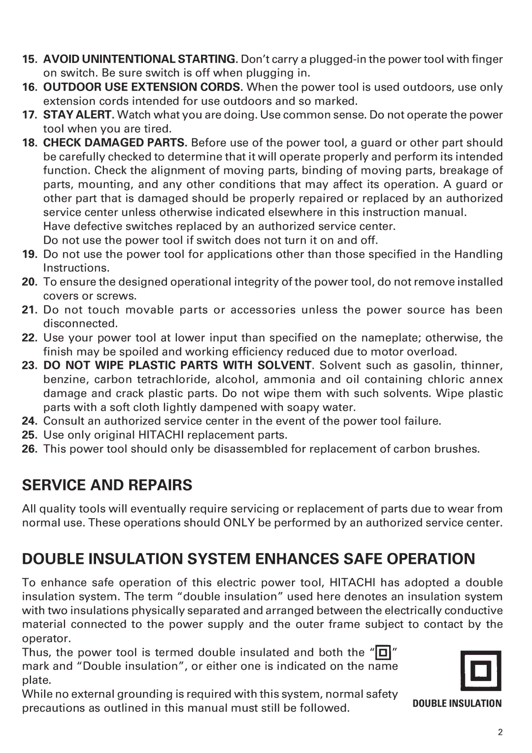 Hitachi H90SB manual Service and Repairs, Double Insulation System Enhances Safe Operation 