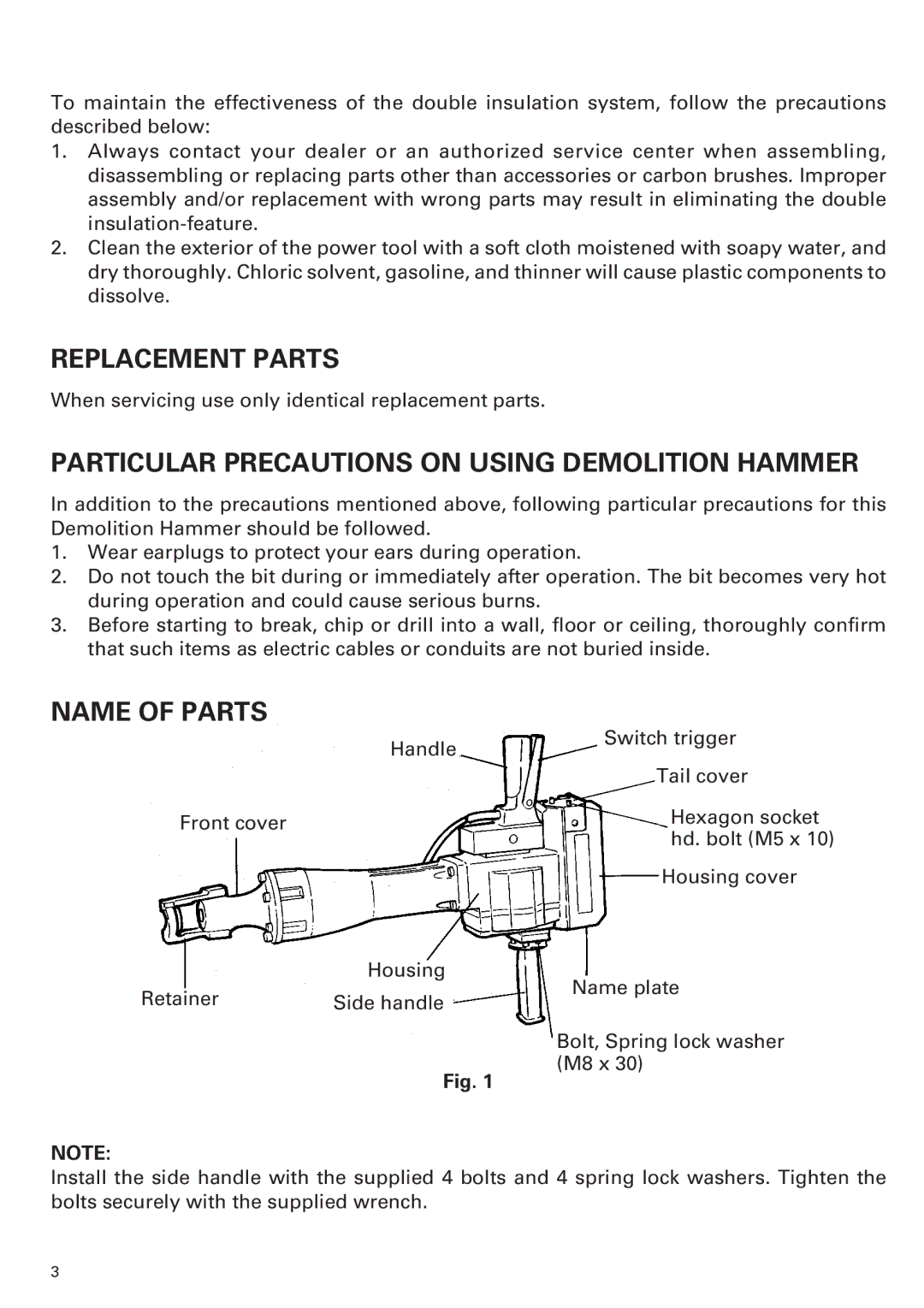 Hitachi H90SB manual Replacement Parts, Particular Precautions on Using Demolition Hammer, Name of Parts 