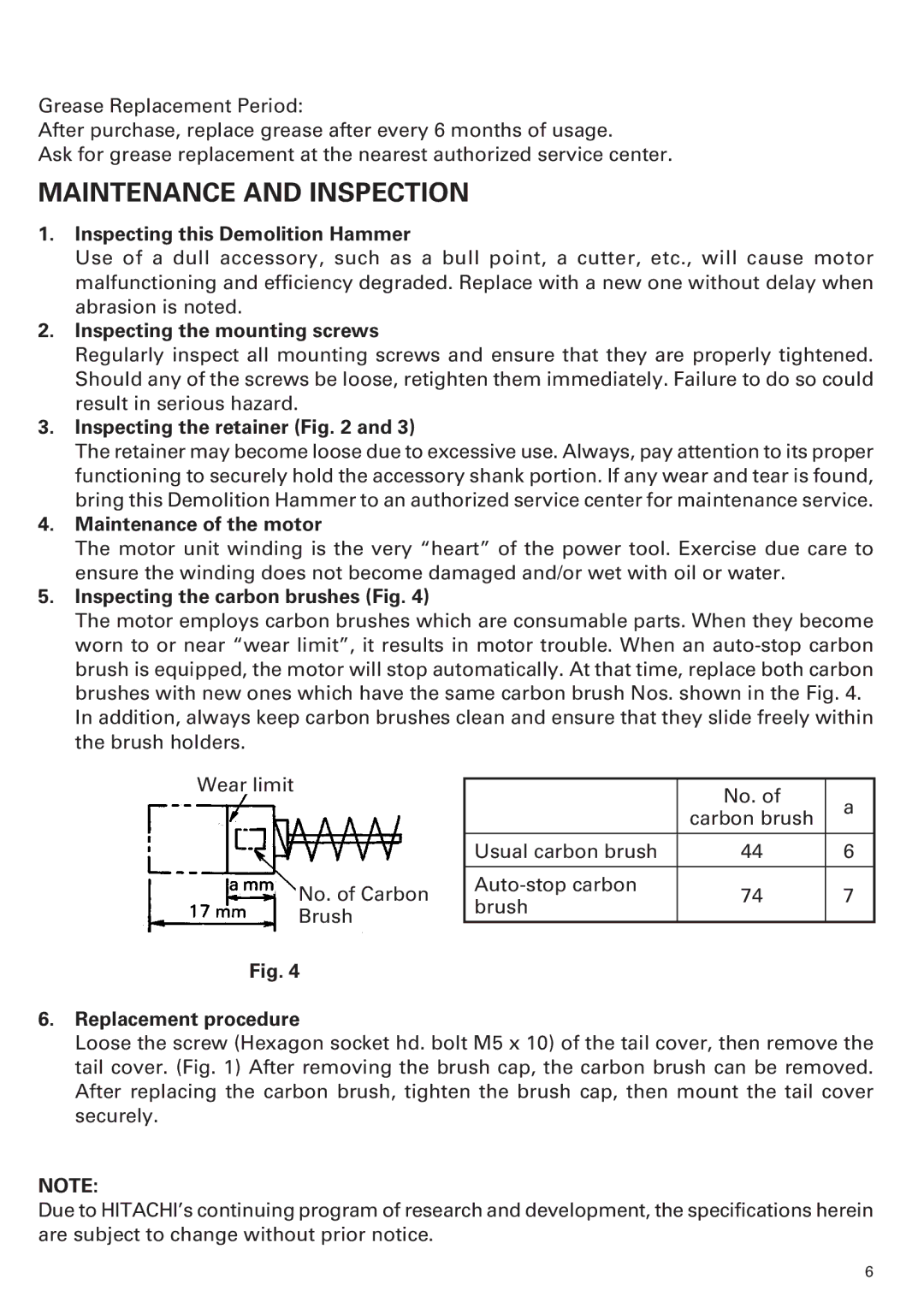 Hitachi H90SB manual Maintenance and Inspection 