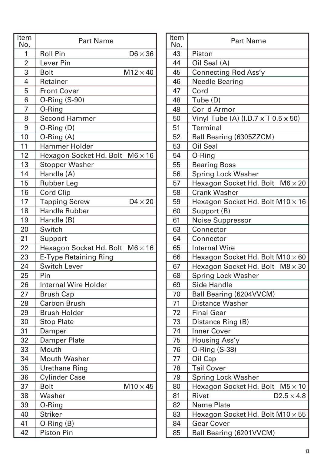 Hitachi H90SB manual Part Name Roll Pin D6 ⋅ Lever Pin Bolt 