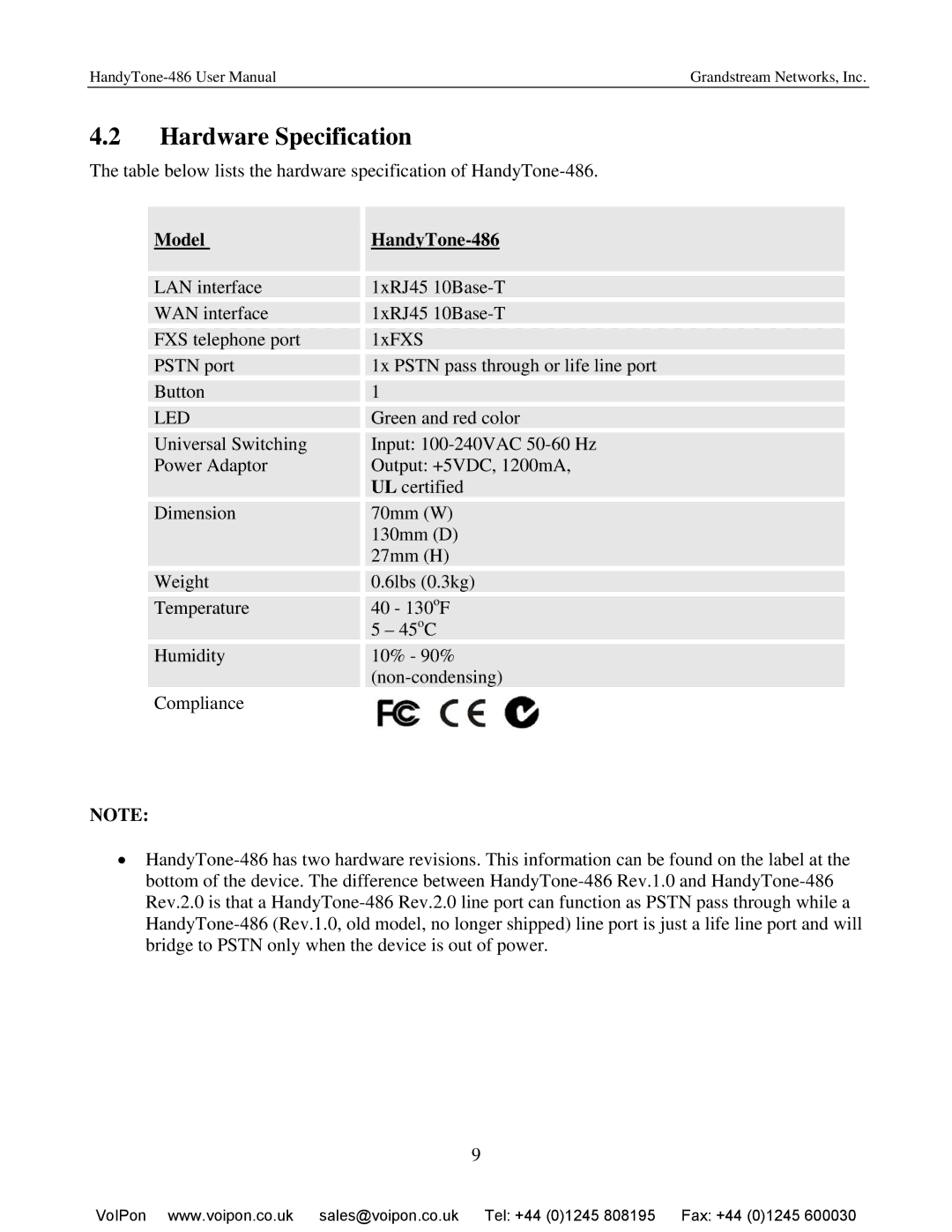 Hitachi HANDYTONE-486 user manual Hardware Specification, Model HandyTone-486 