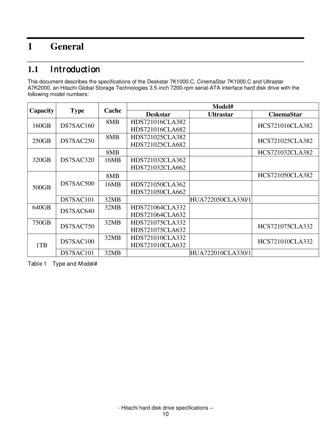 Hitachi HCS721016CLA382, HCS721050CLA382 Introduction, Capacity Type Cache Model#, Ultrastar CinemaStar, Type and Model# 