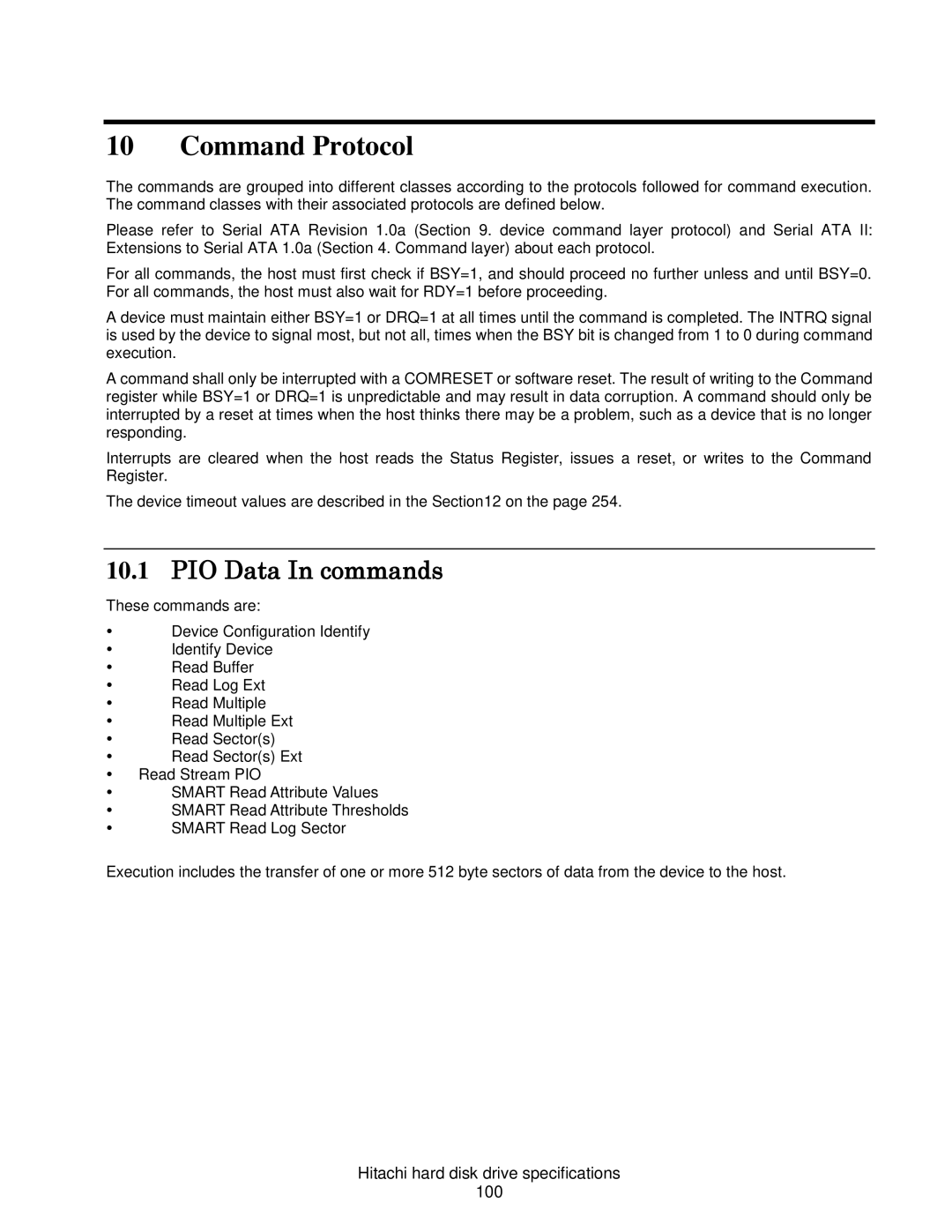 Hitachi HDS721064CLA332, HCS721050CLA382, HCS721032CLA382 PIO Data In commands, Hitachi hard disk drive specifications 100 